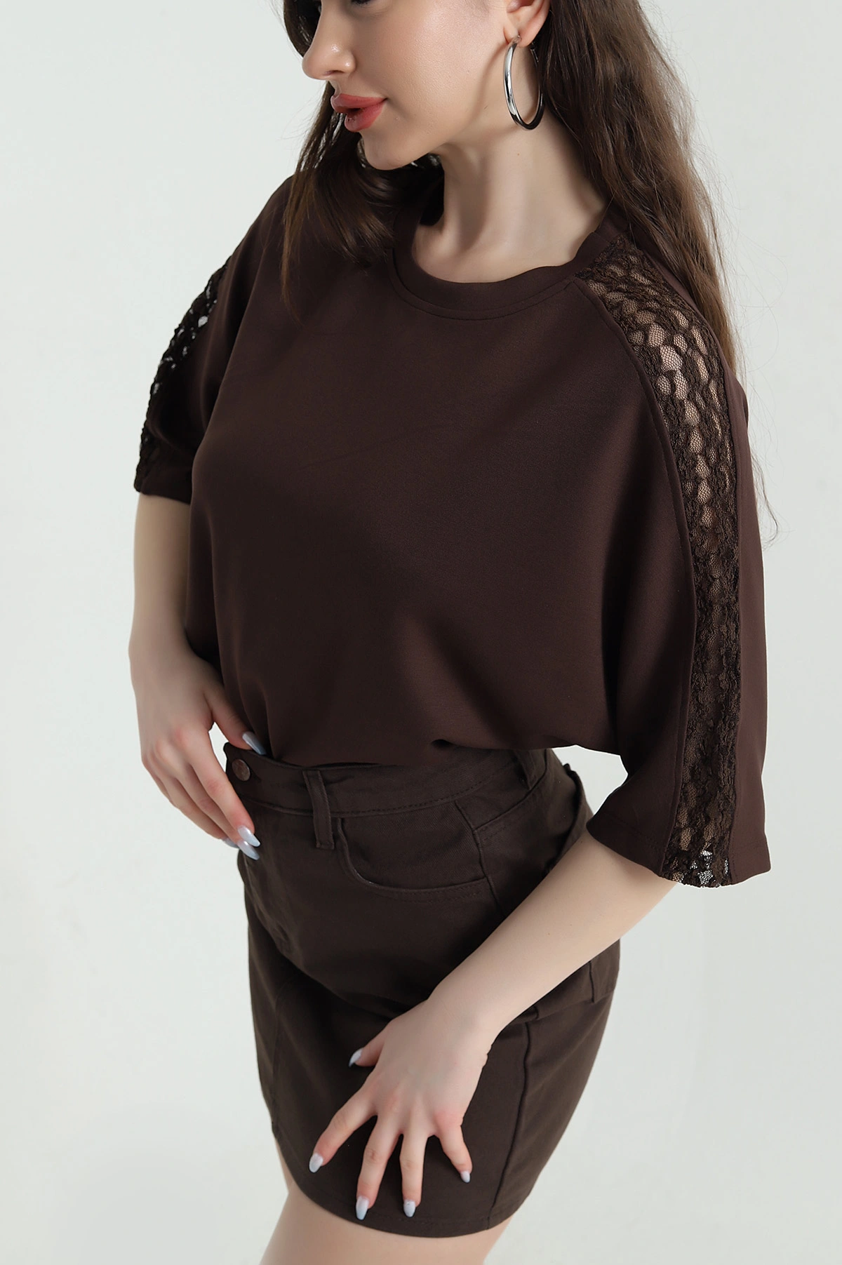 Kahverengi Dantelli Modal Kadın Bluz 451360