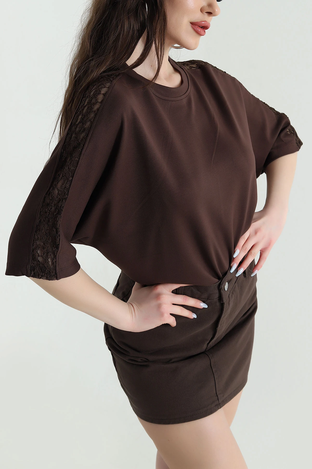 Kahverengi Dantelli Modal Kadın Bluz 451360