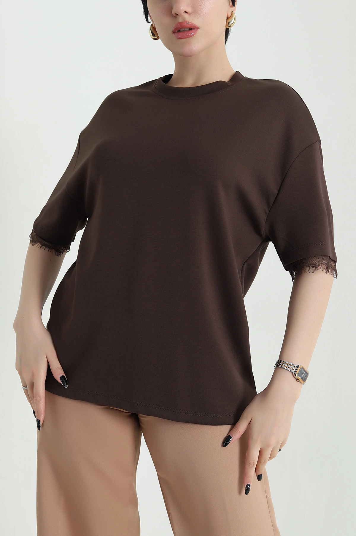 Kahverengi Dantelli Modal Kadın Bluz 454073