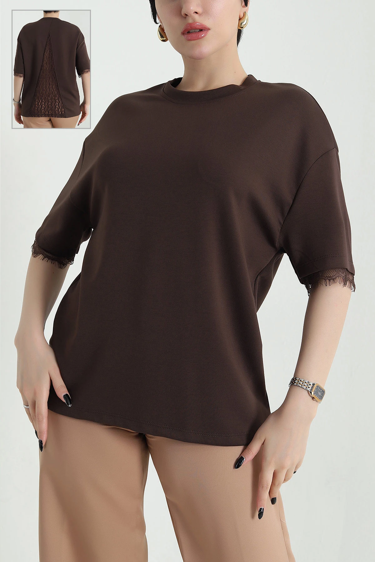 Kahverengi Dantelli Modal Kadın Bluz 454073