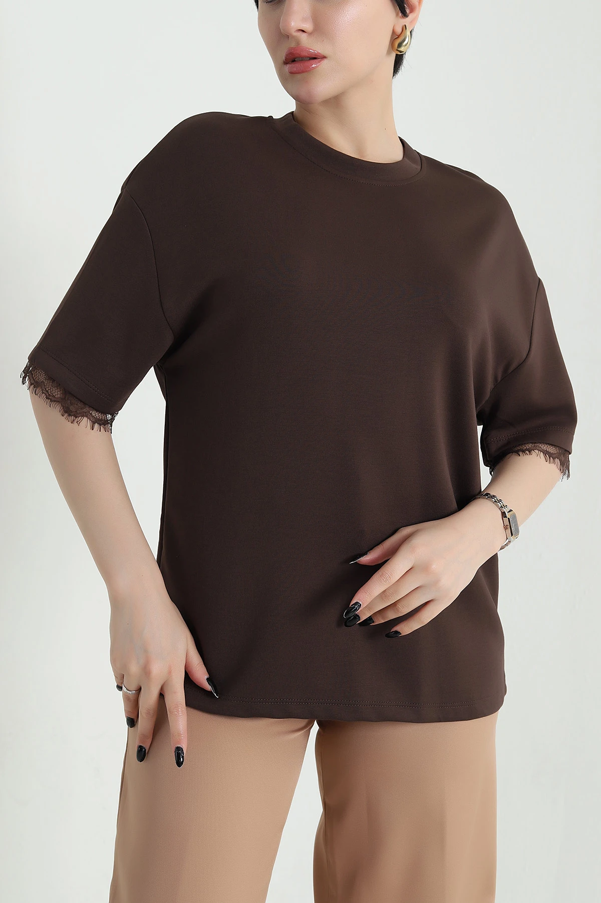 Kahverengi Dantelli Modal Kadın Bluz 454073
