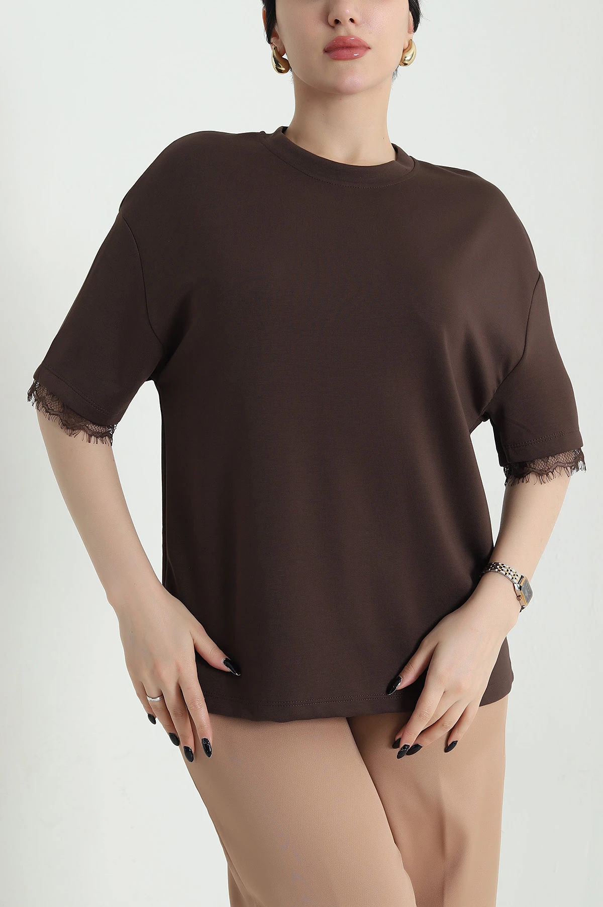 Kahverengi Dantelli Modal Kadın Bluz 454073