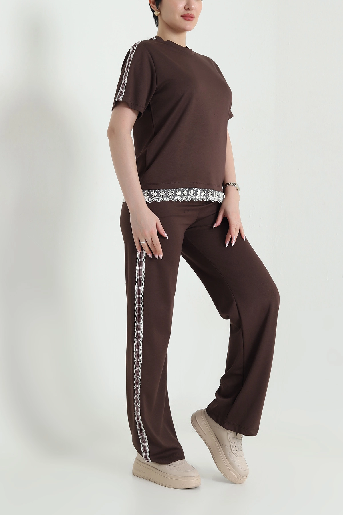 Kahverengi Dantelli Oysho Kadın İkili Takım 457602