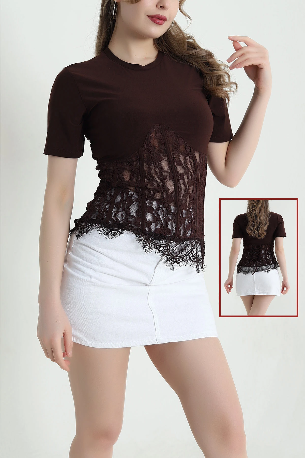 Kahverengi Dantelli Sandy Kadın Bluz 441548