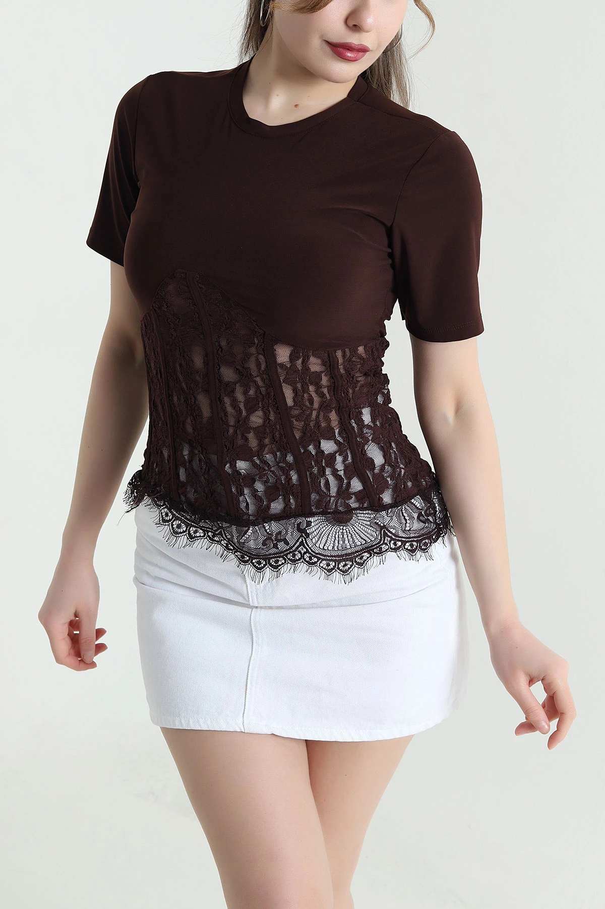 Kahverengi Dantelli Sandy Kadın Bluz 441548