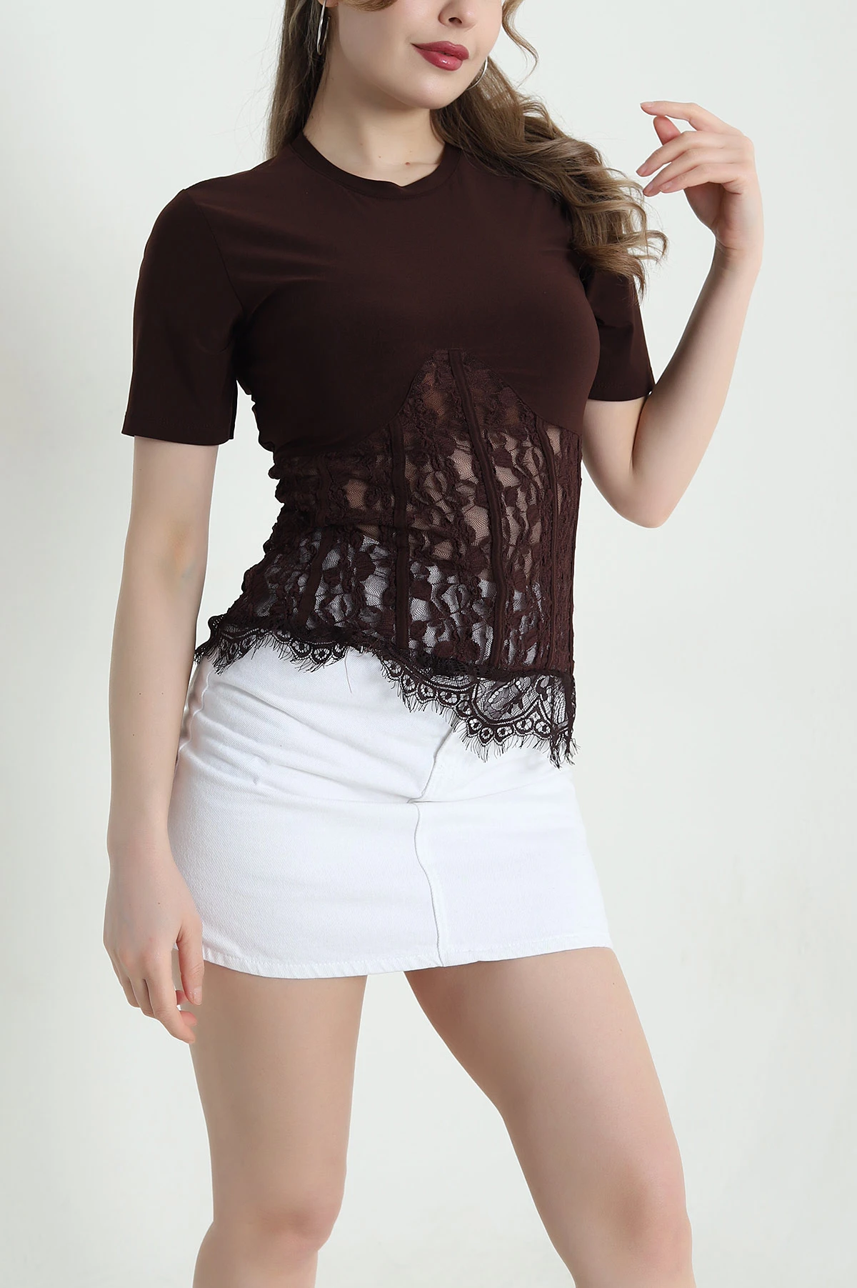 Kahverengi Dantelli Sandy Kadın Bluz 441548