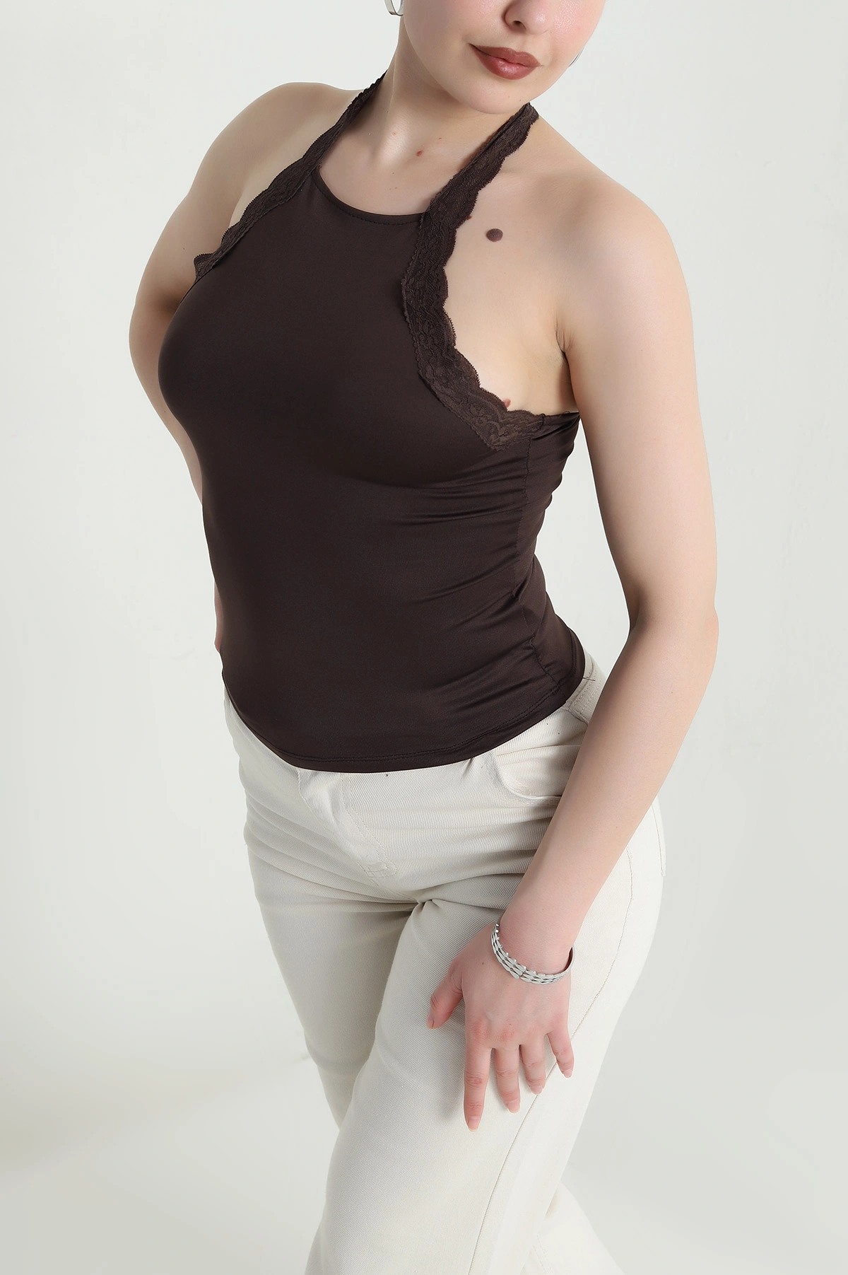 Kahverengi Dantelli Sandy Kadın Bluz 462088