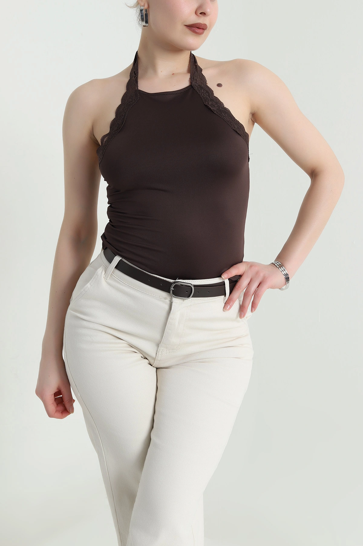 Kahverengi Dantelli Sandy Kadın Bluz 462088