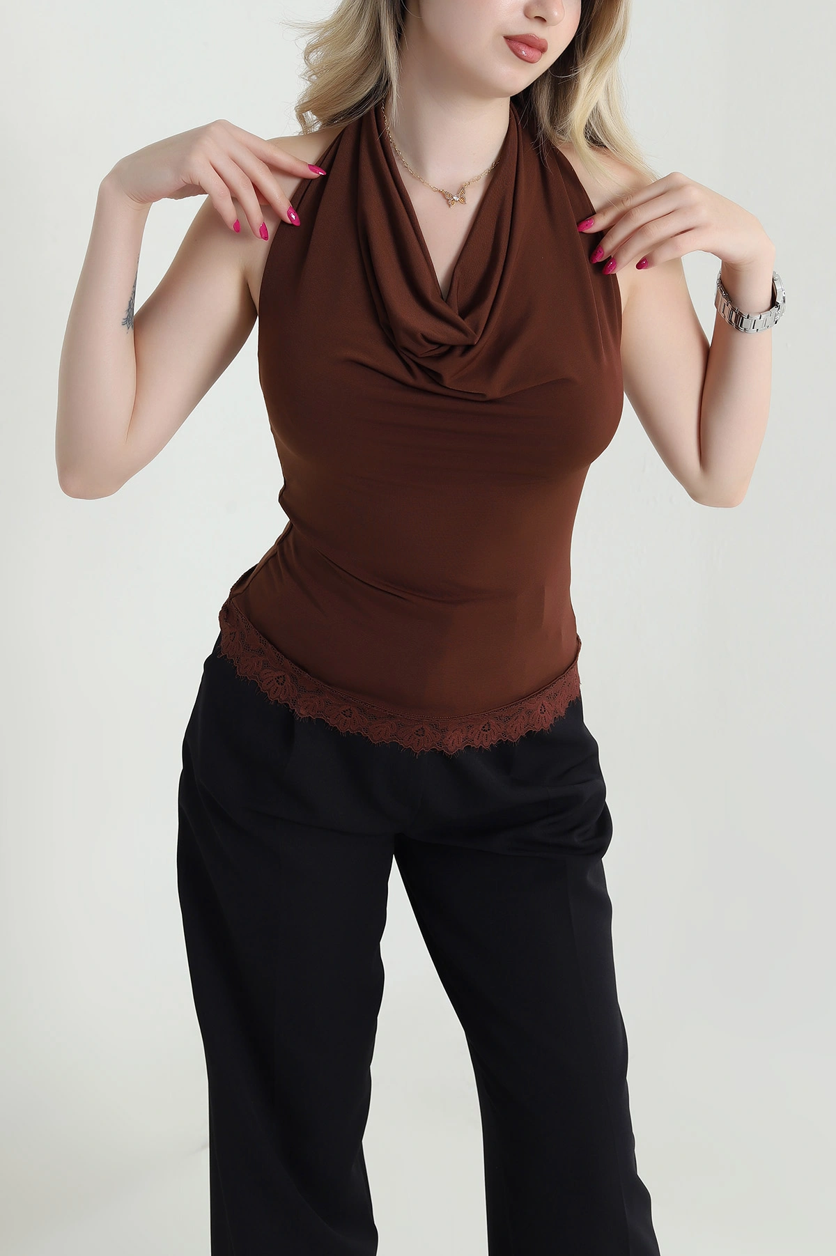 Kahverengi Dantelli Sandy Kadın Bluz 464070