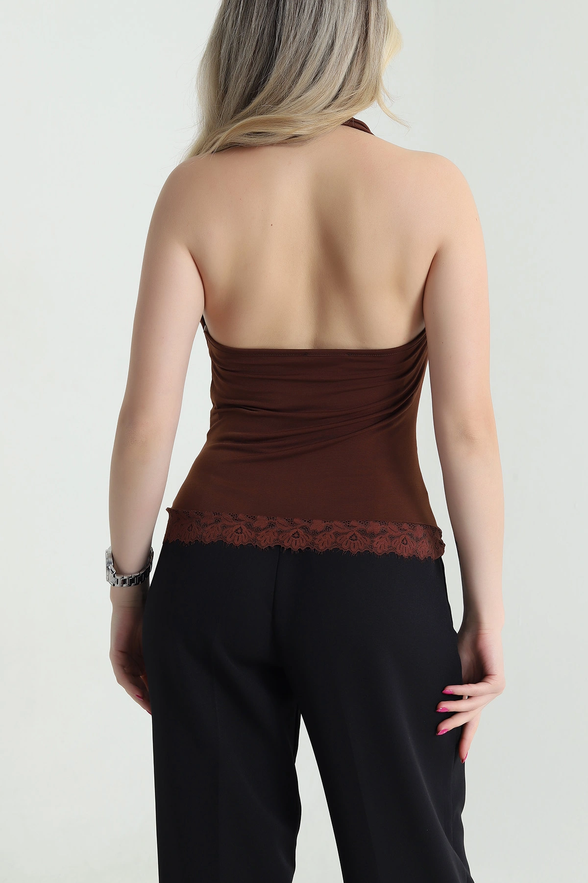 Kahverengi Dantelli Sandy Kadın Bluz 464070