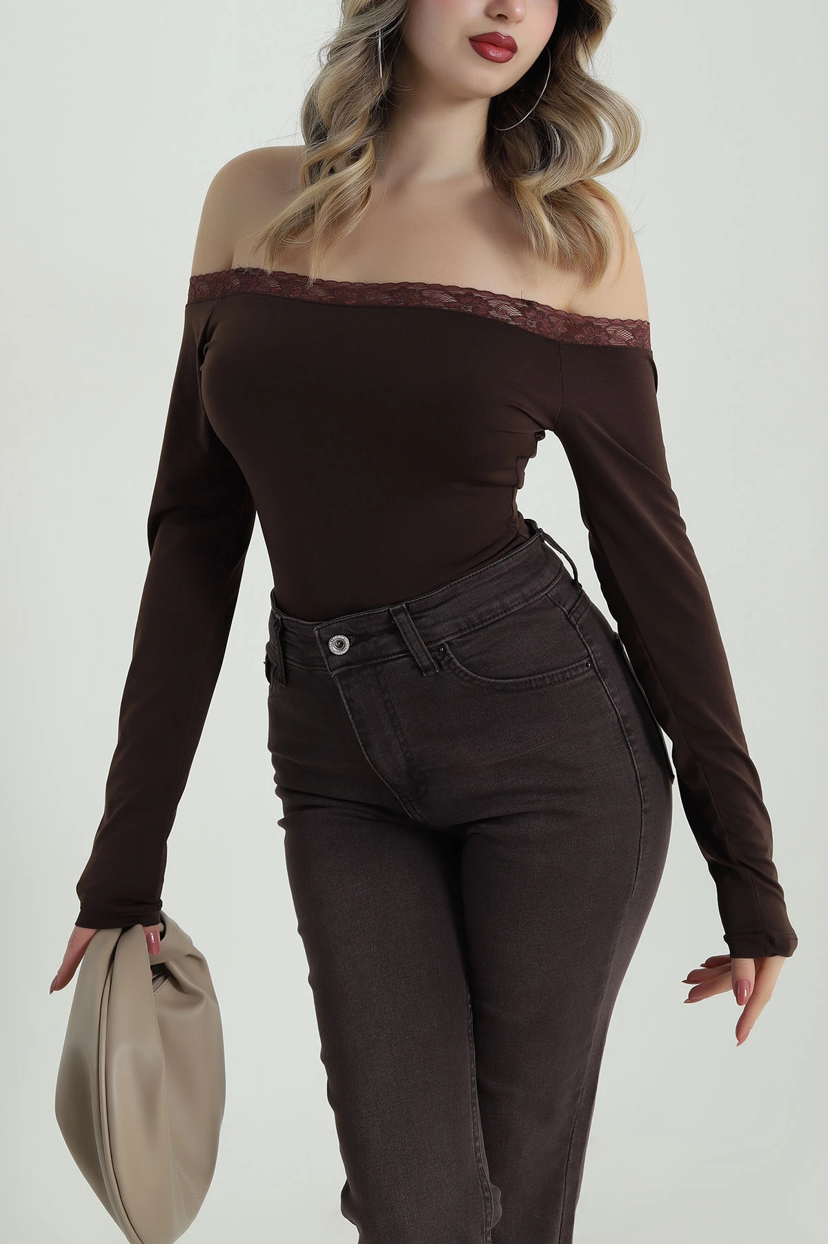 Kahverengi Dantelli Sandy Kadın Bluz 486982