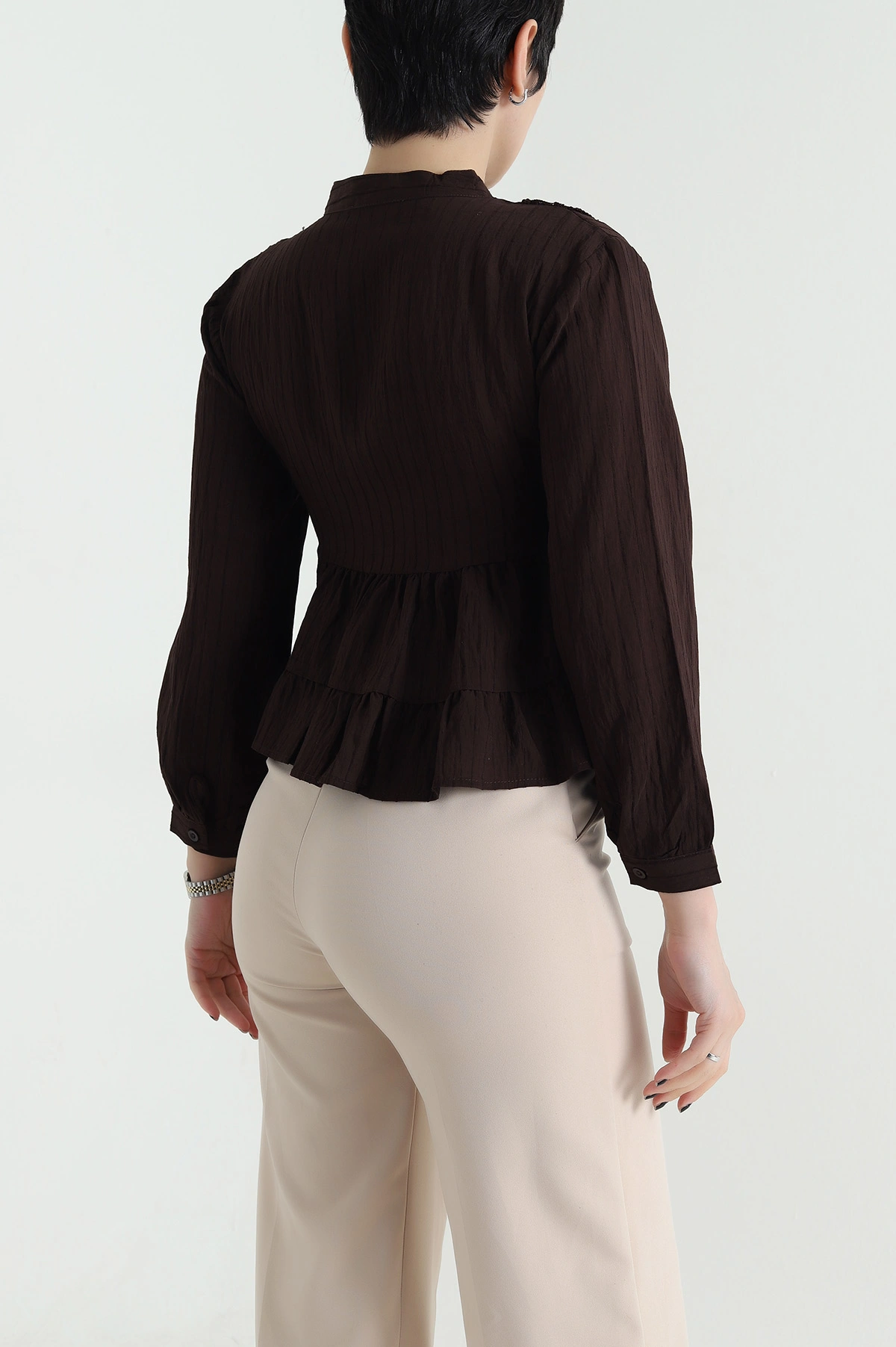 Kahverengi Dantelli Tencel Kadın Gömlek 455174
