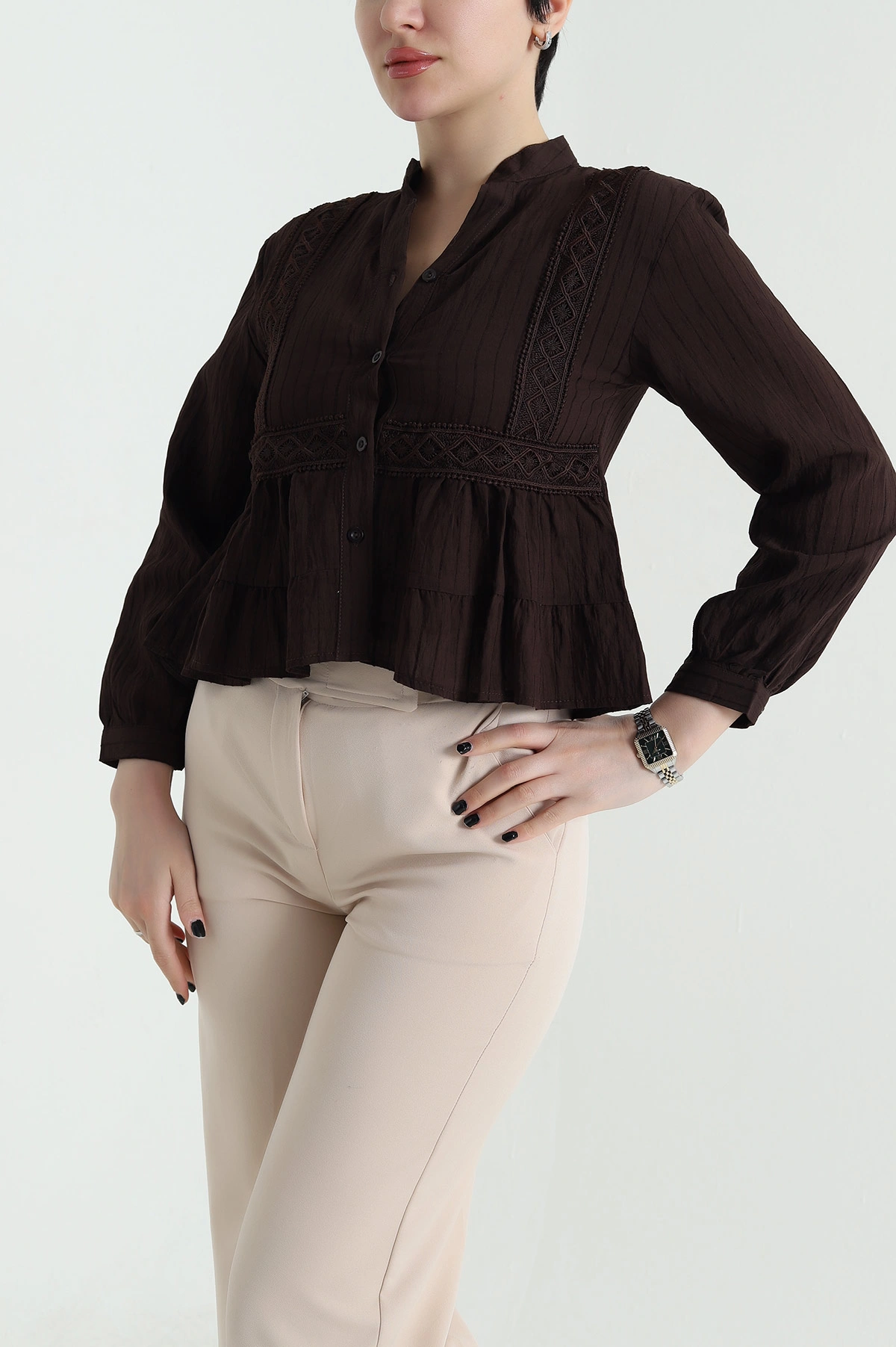 Kahverengi Dantelli Tencel Kadın Gömlek 455174