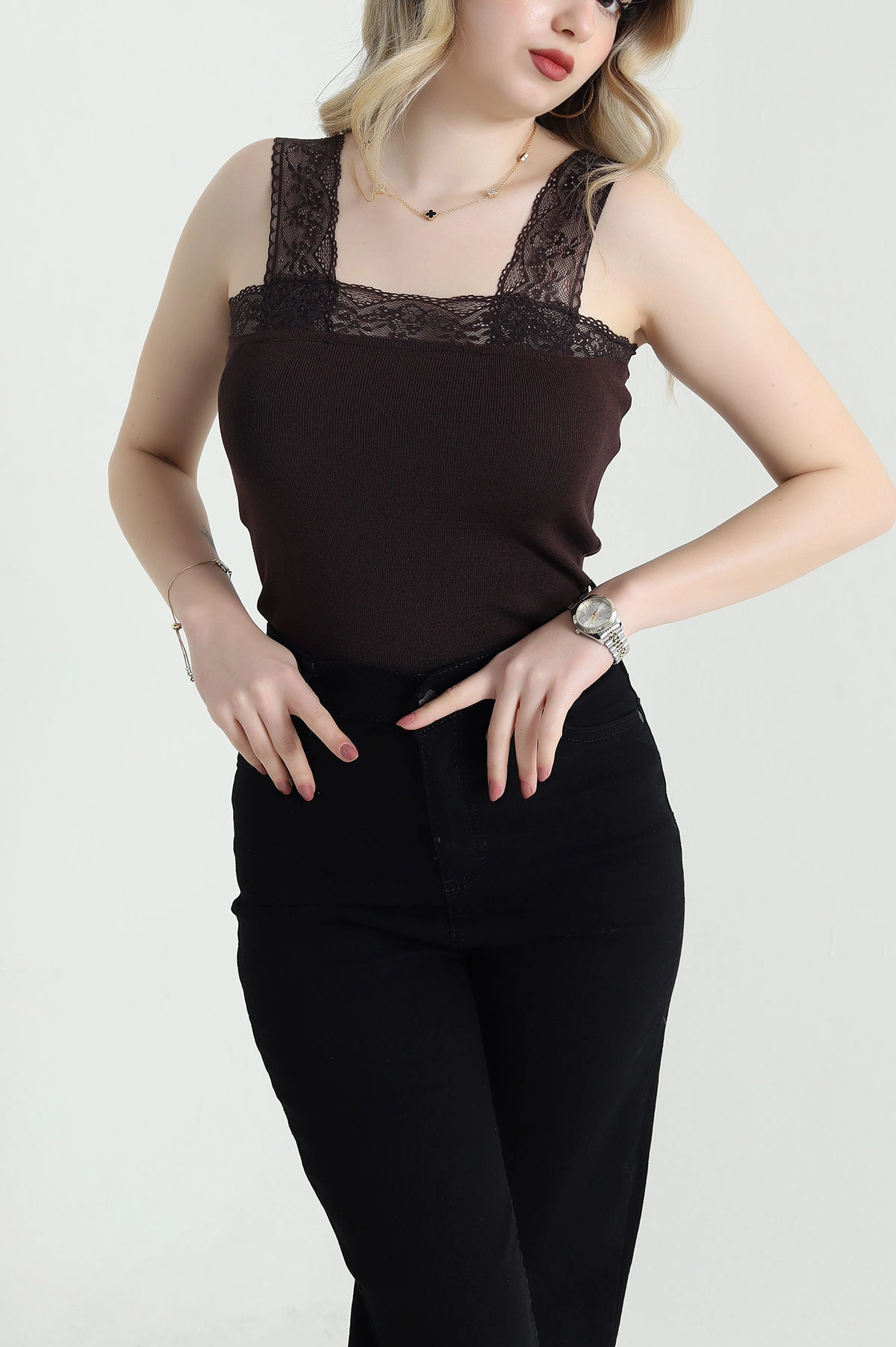 Kahverengi Dantelli Triko Kadın Atlet 456800