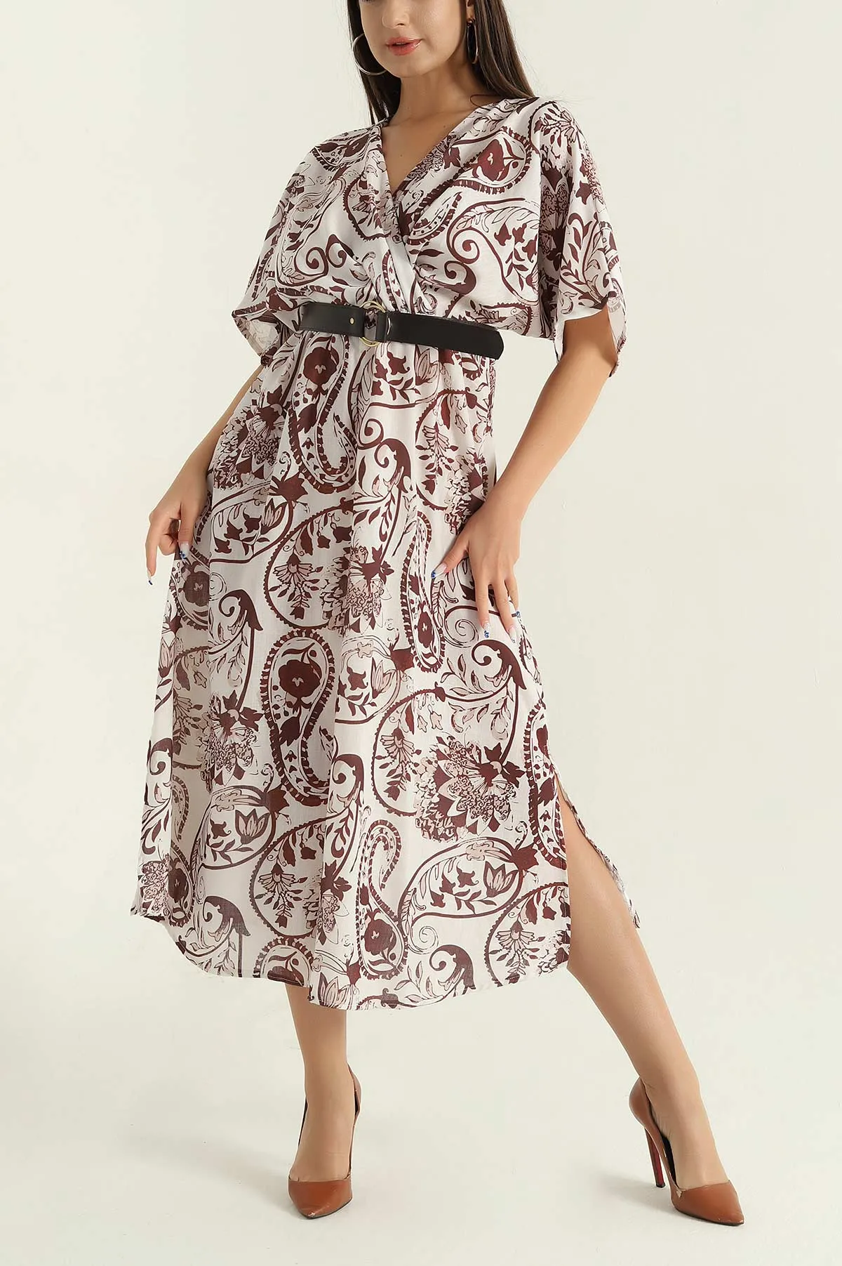 Kahverengi Desenli Kruvaze Kadın Keten Elbise 371231