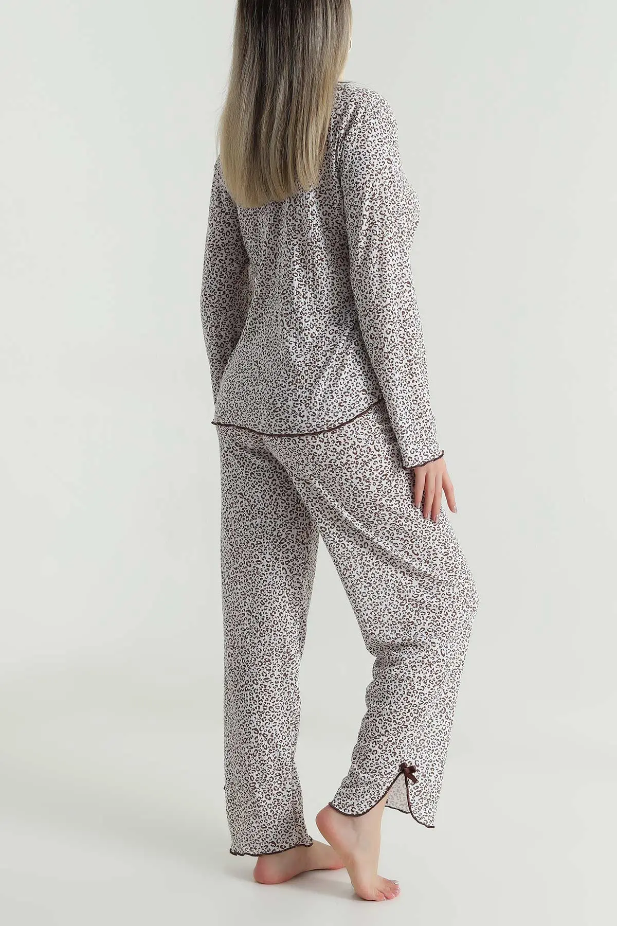 Kahverengi Desenli Pointel Kadın Pijama Takımı 487761