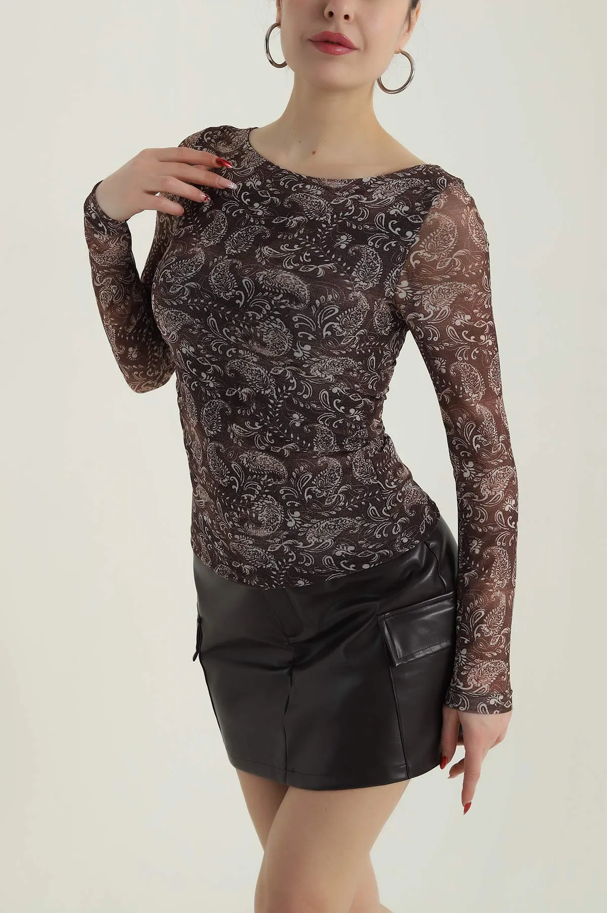 Kahverengi Desenli Tül Kadın Bluz 428356