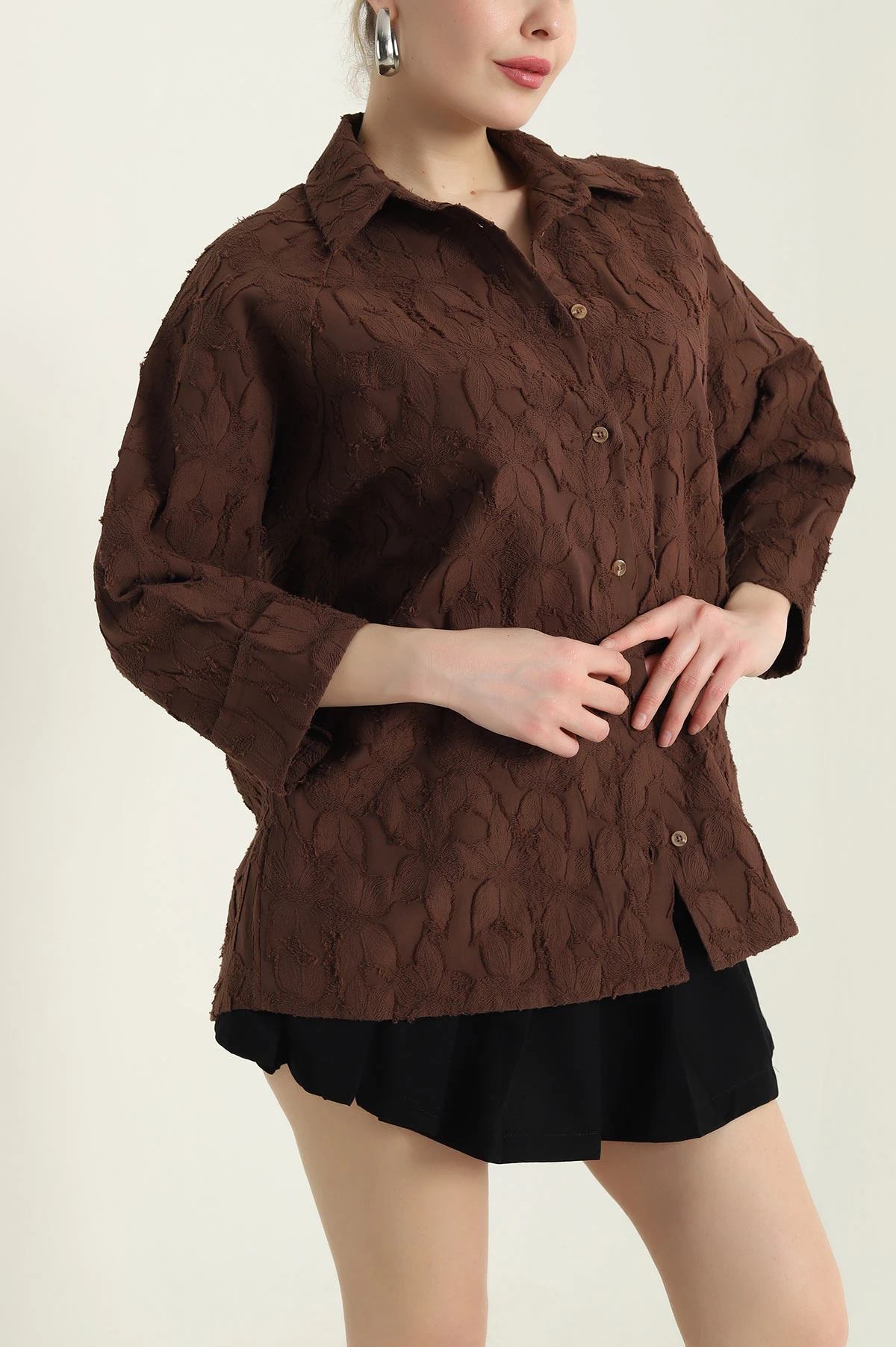 Kahverengi Desenli Yakma Reglan Kol Kadın Gömlek 431581