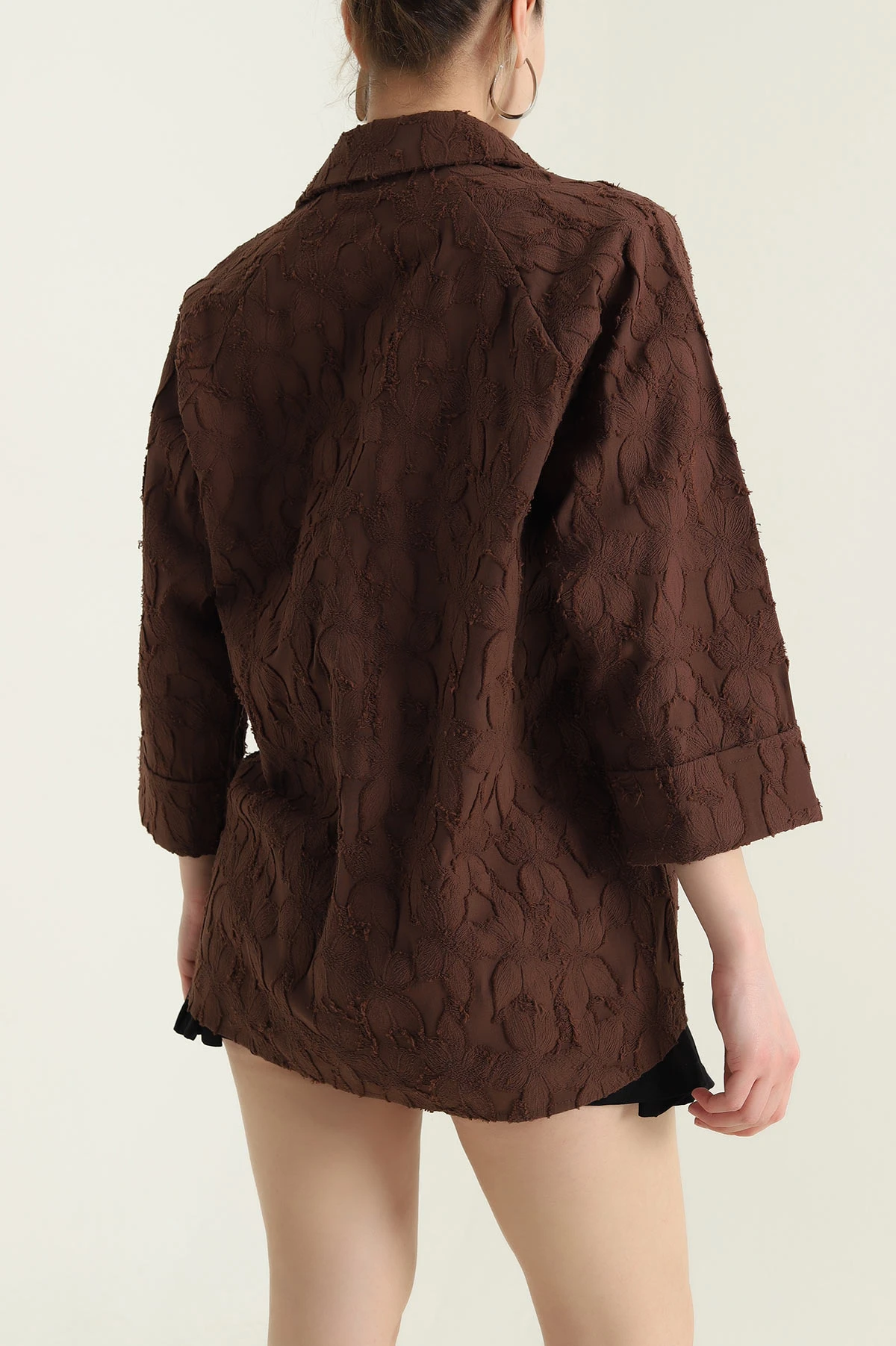 Kahverengi Desenli Yakma Reglan Kol Kadın Gömlek 431581