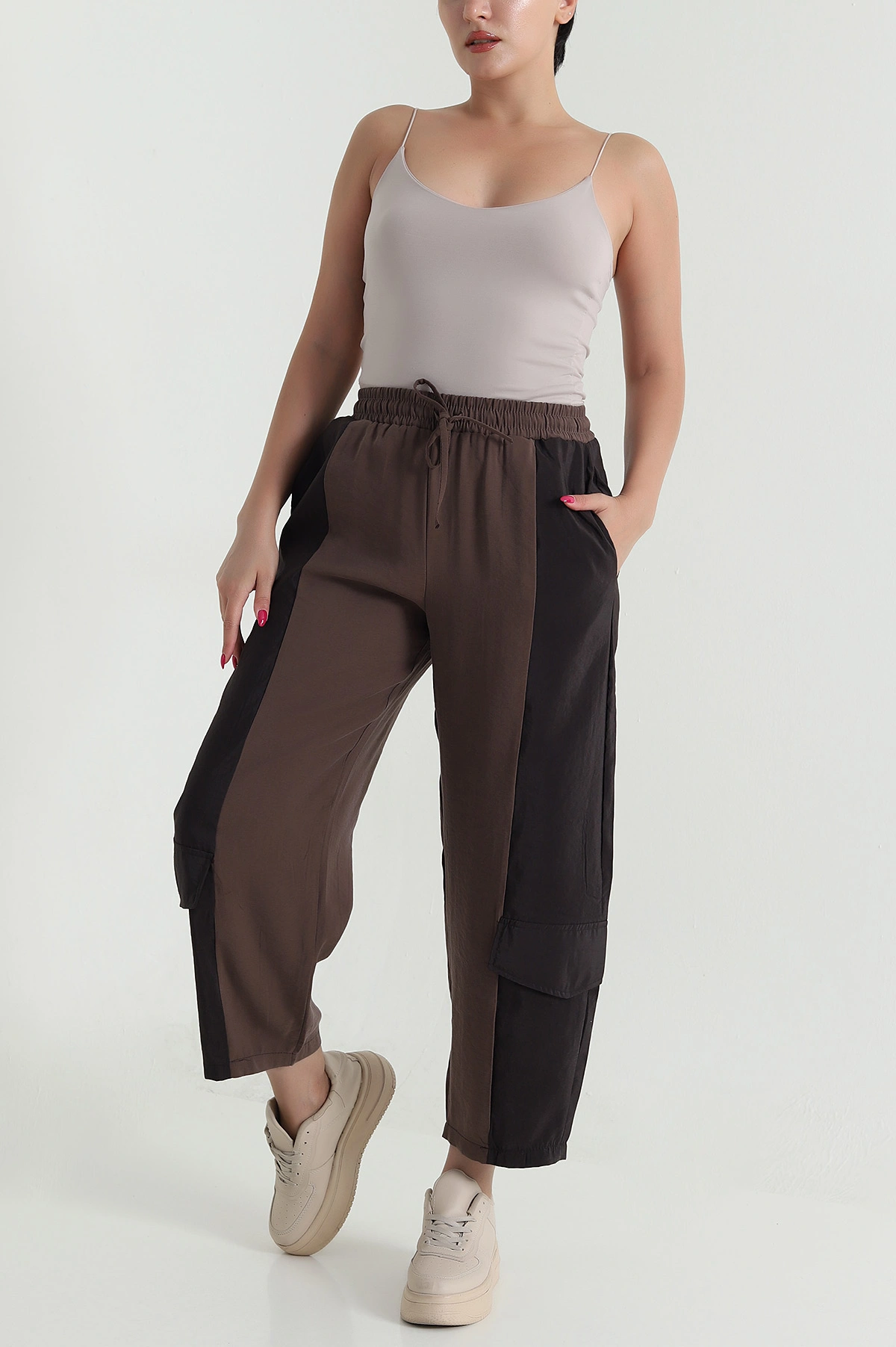 Kahverengi Diagonel Tencel Kadın Kargo Pantolon 475770