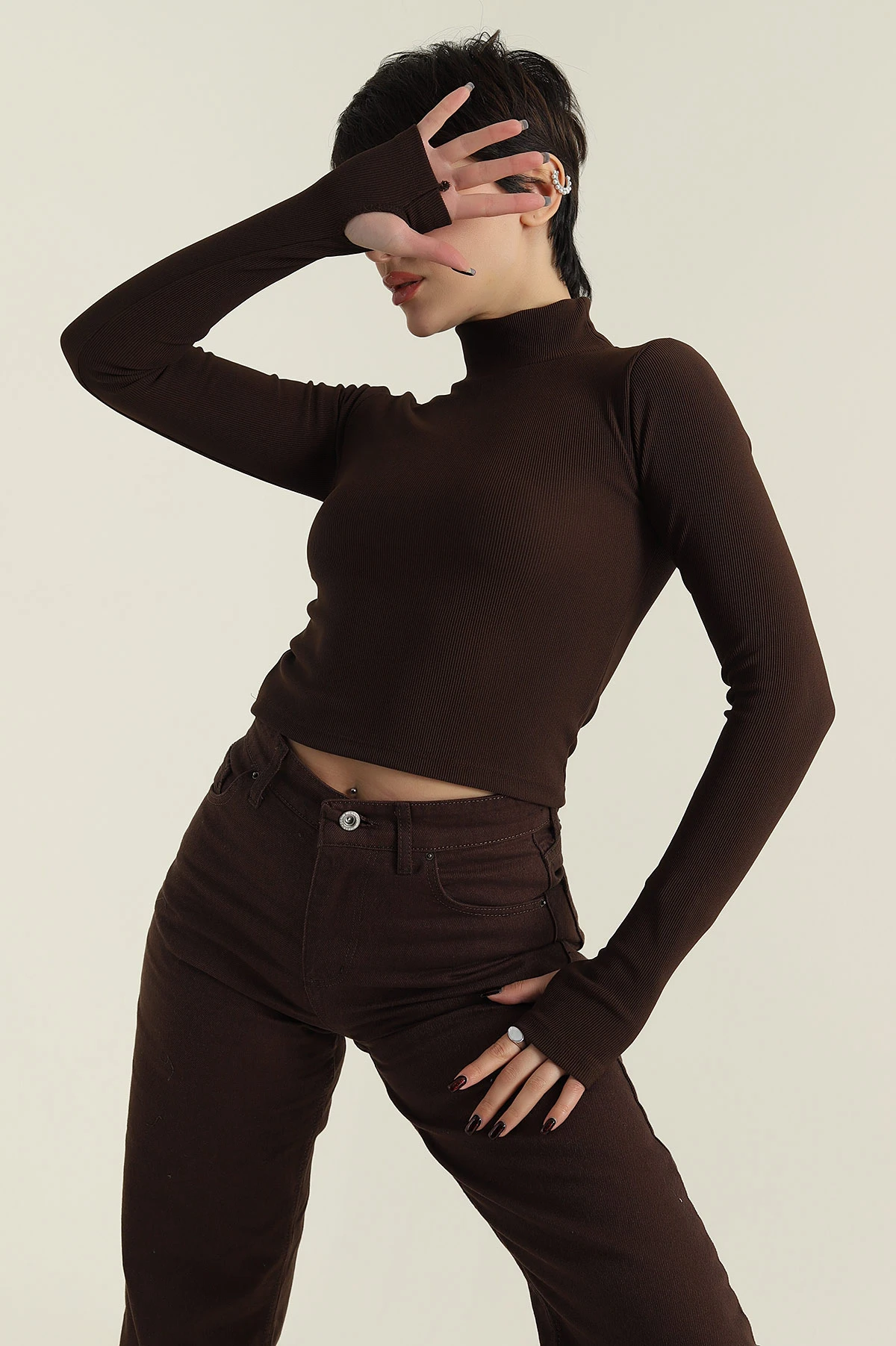 Kahverengi Dik Yaka Ottoman Kadın Bluz 424660