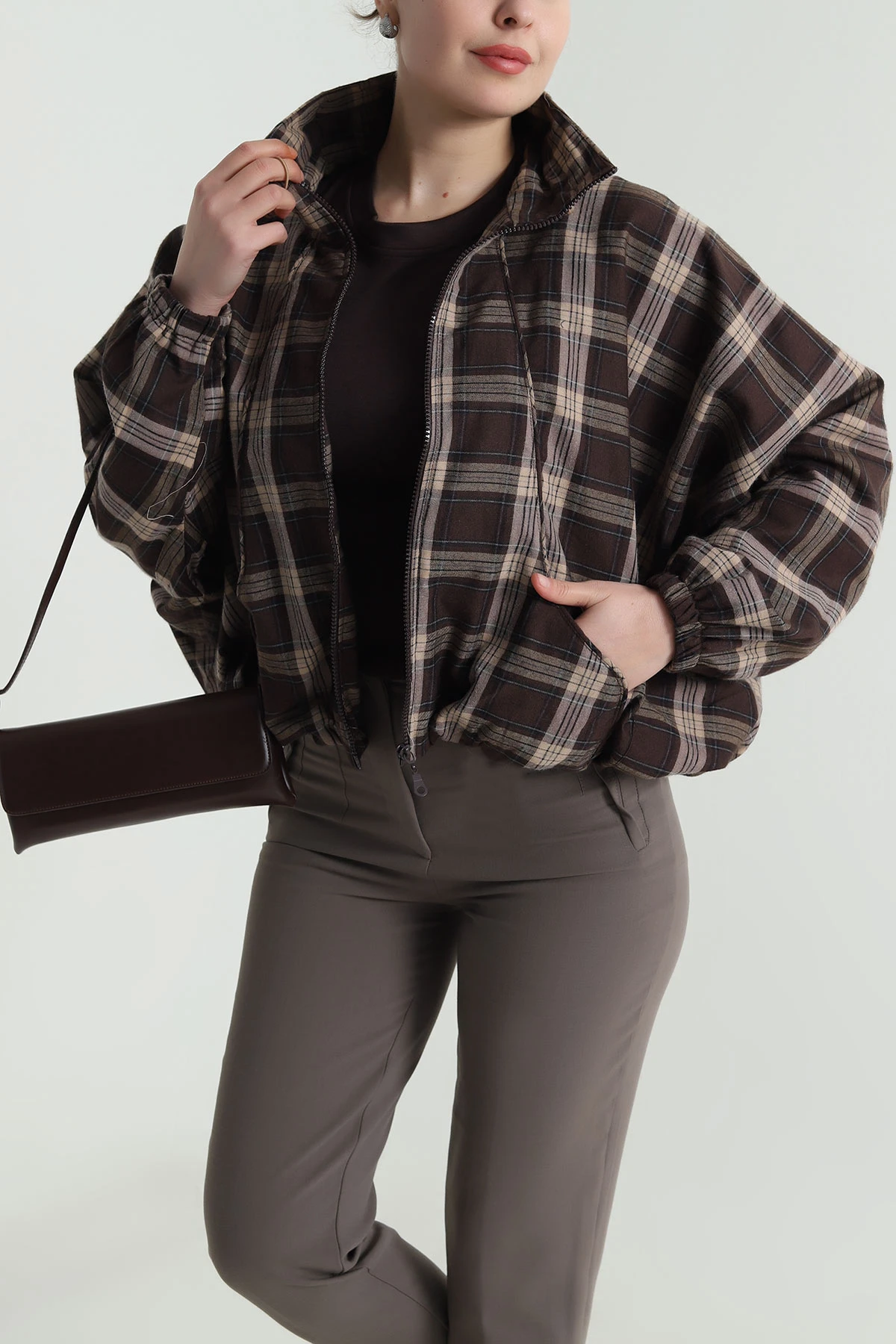 Kahverengi Dik Yaka Reglan Kadın Ceket 496090