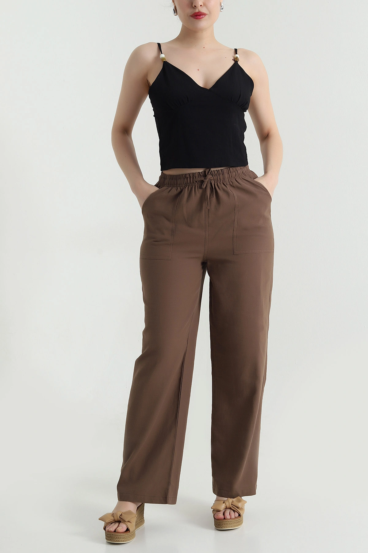 Kahverengi Dimi kumaş Beli Lastikli Kadın Pantolon 470565
