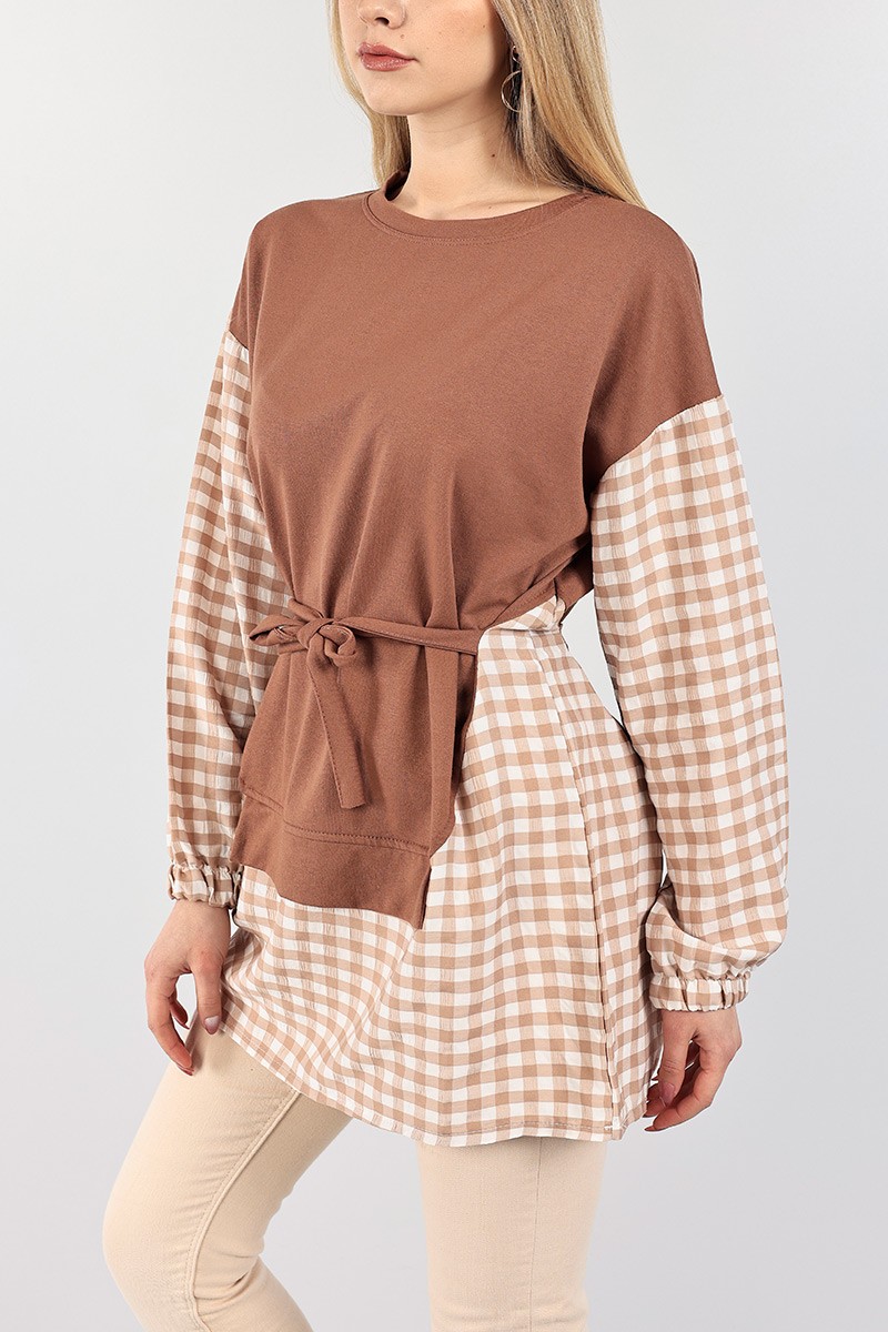 Kahverengi Dokuma Garnili Bağlamalı Tunik 99379