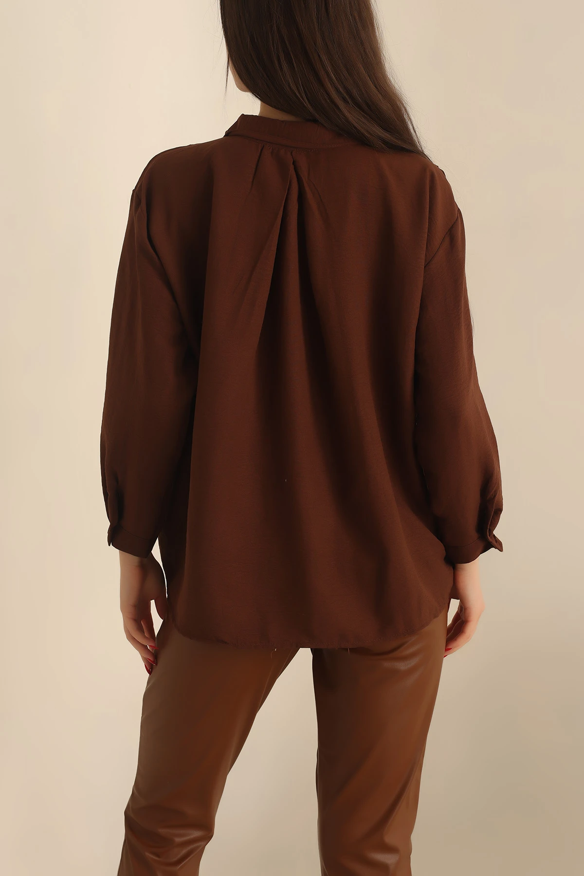 Kahverengi Dokuma Oversize Bayan Gömlek 234217