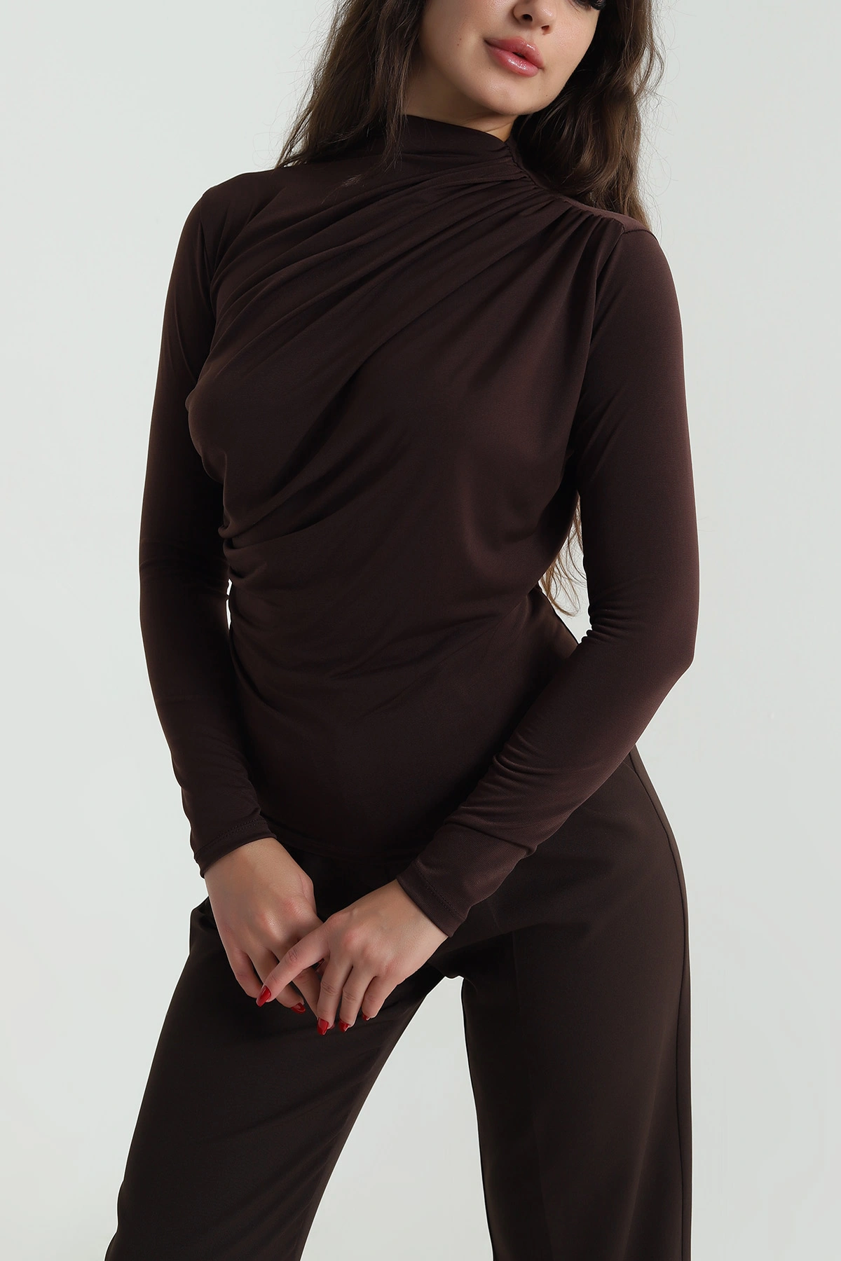Kahverengi Drapeli Sandy Kadın Bluz 487718