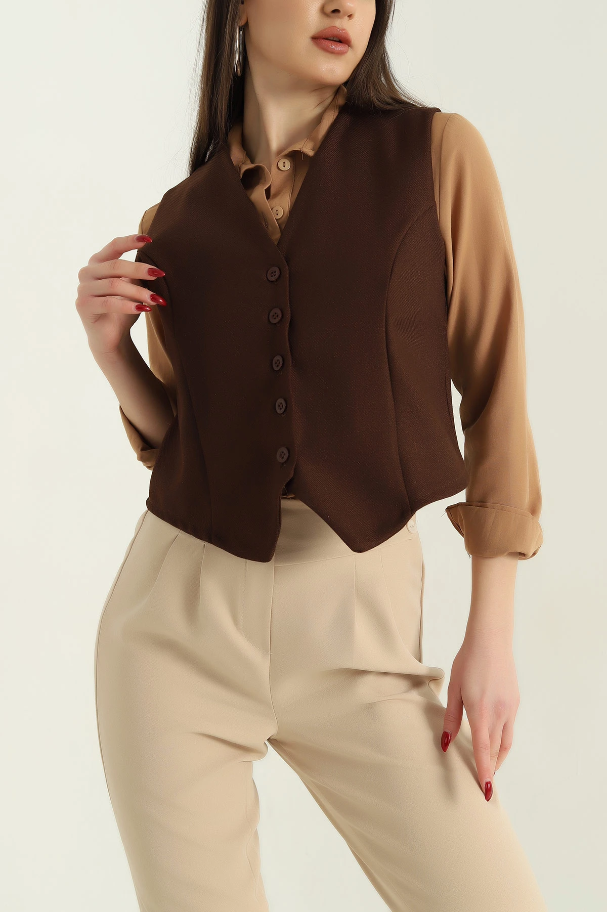 Kahverengi Düğmeli Fitilli Bayan Yelek 336743