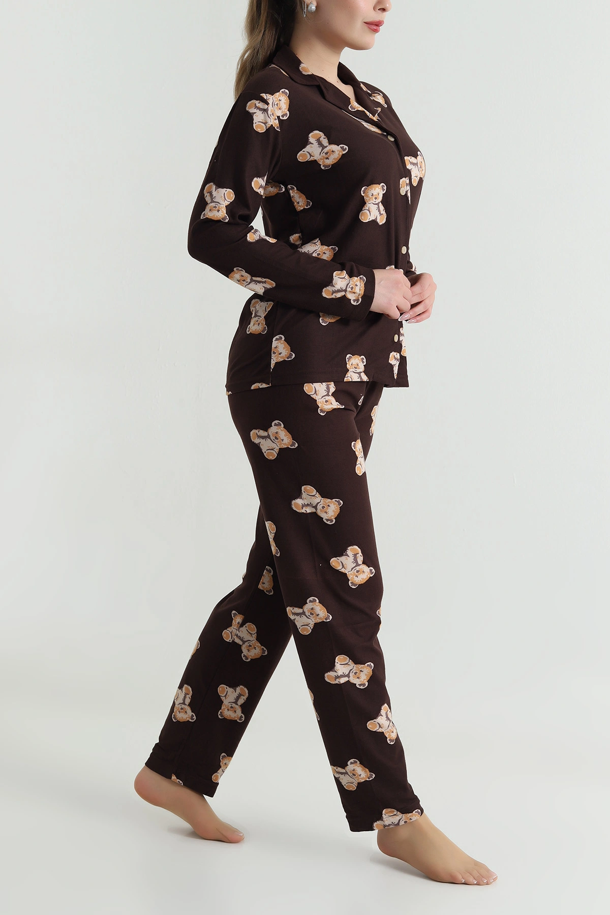 Kahverengi Düğmeli Soft Süet Kadın Pijama Takımı 489067