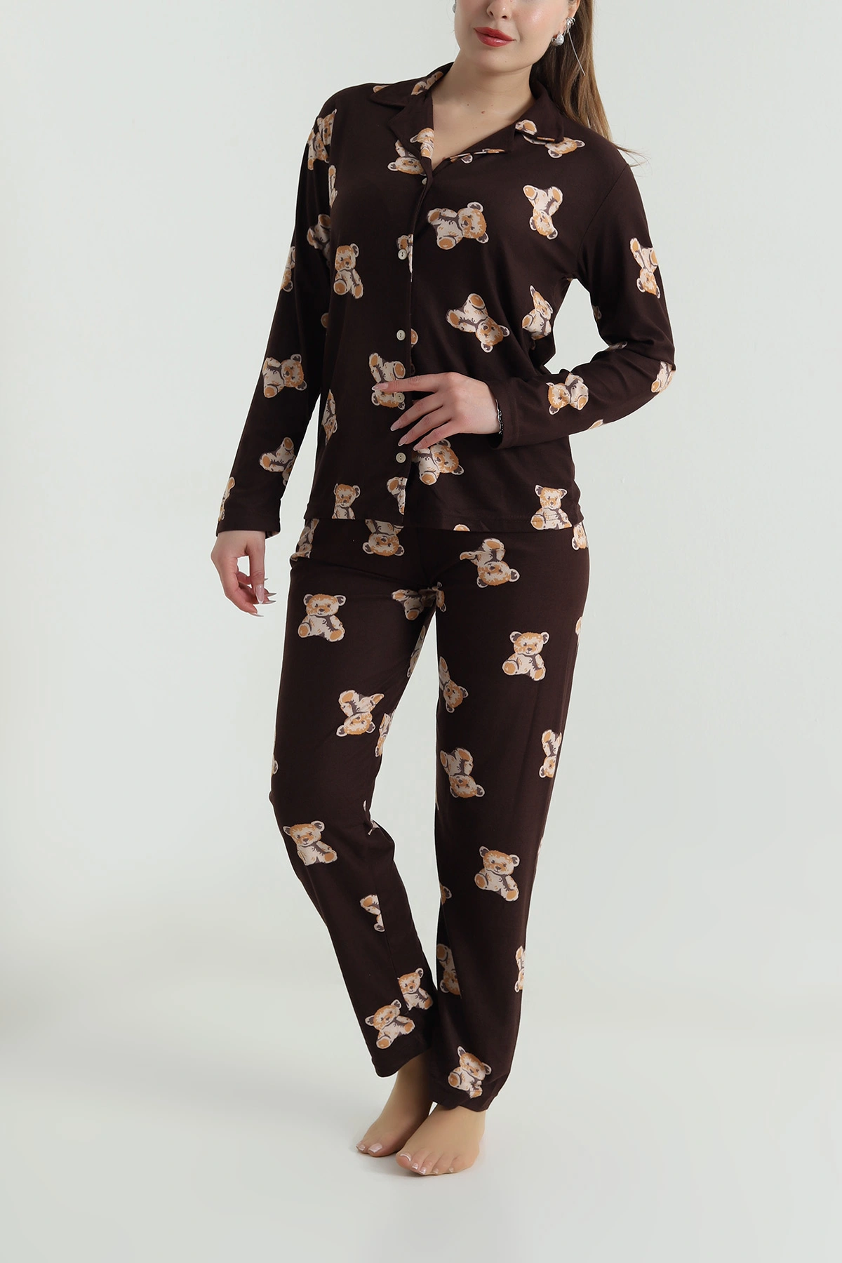 Kahverengi Düğmeli Soft Süet Kadın Pijama Takımı 489067