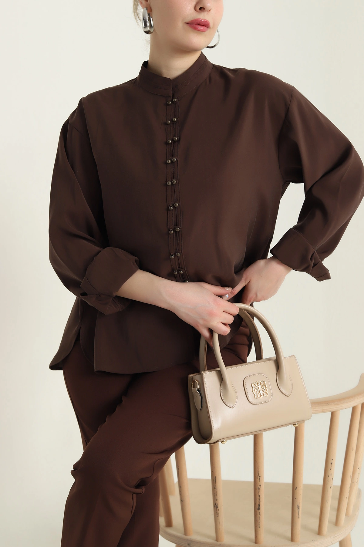 Kahverengi Düğmeli Tencel Kadın Gömlek 436834