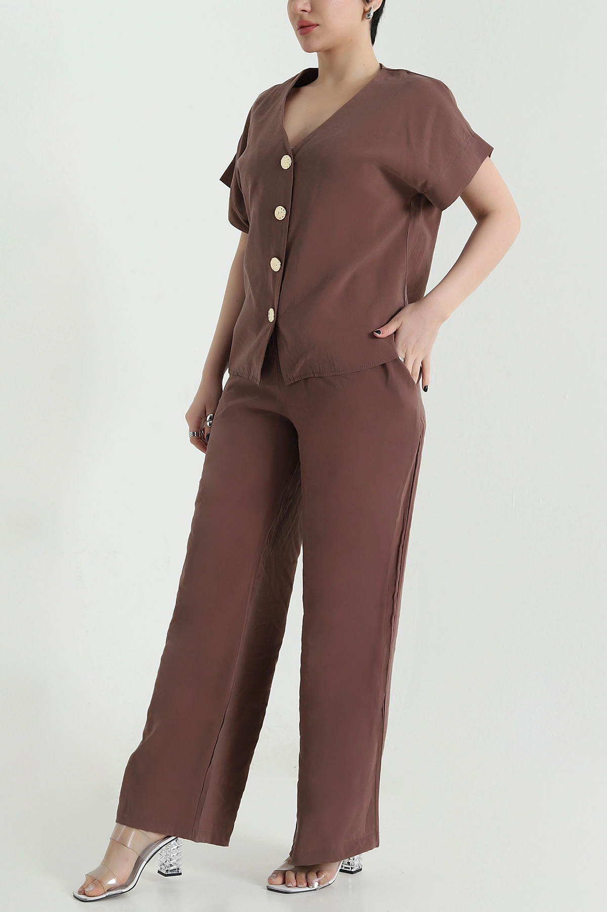 Kahverengi Düğmeli Tencel Kadın İkili Takım 455149