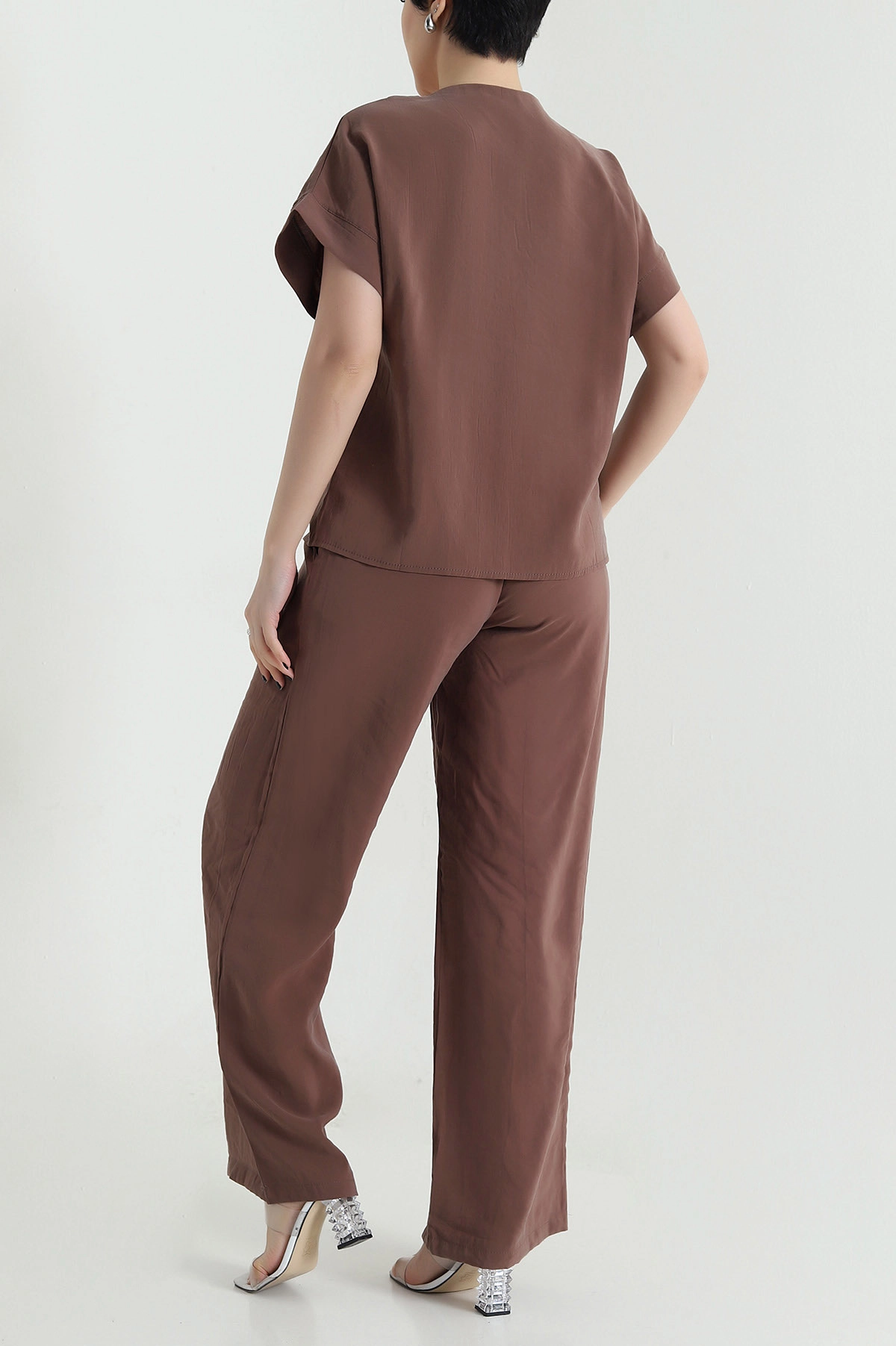 Kahverengi Düğmeli Tencel Kadın İkili Takım 455149