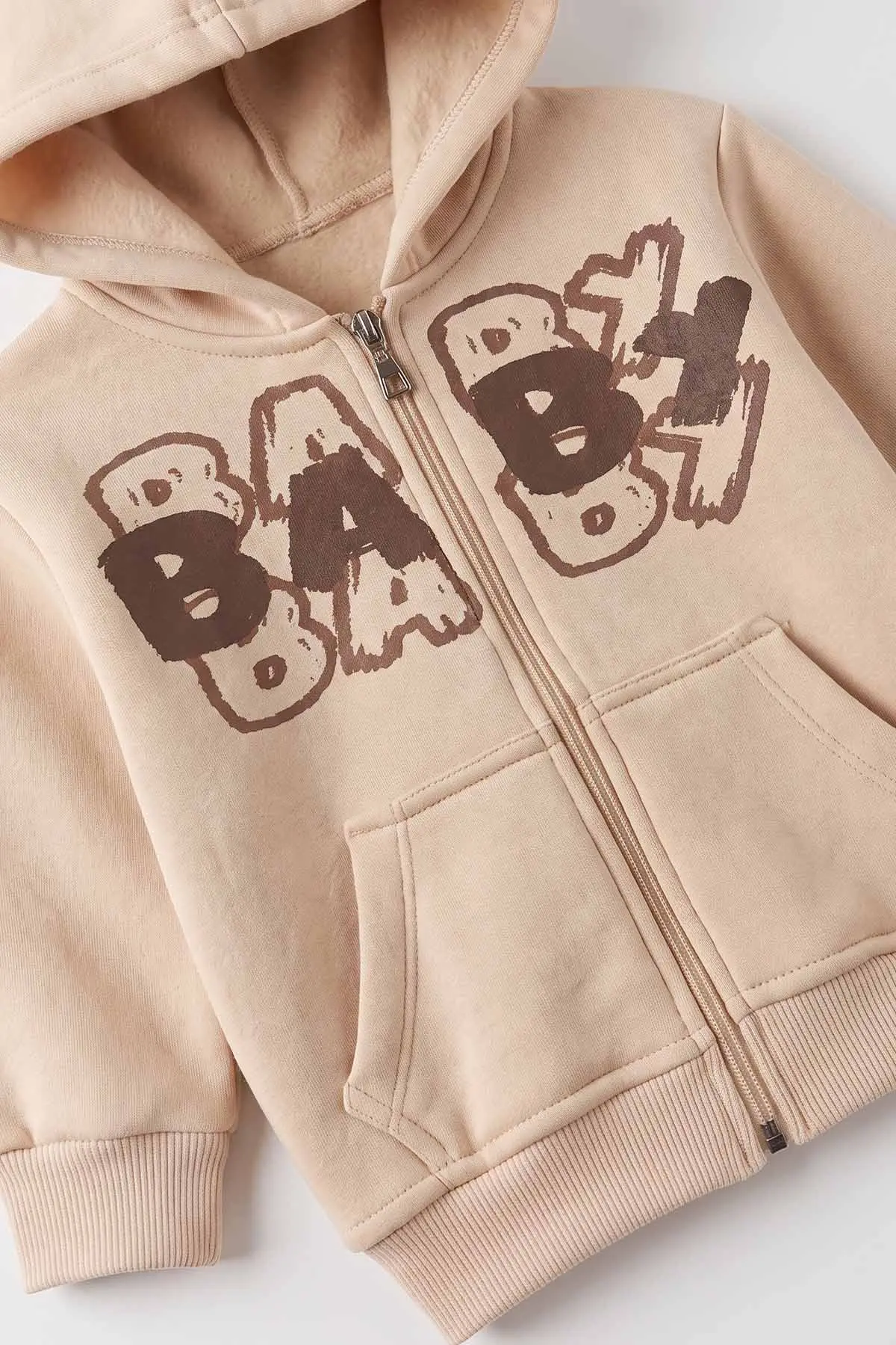 Kahverengi Ekru (1-5 Yaş) Baby Baskılı Kapüşonlu Fermuarlı 3 İp Şardonlu Erkek Çocuk Kışlık Takım 487806