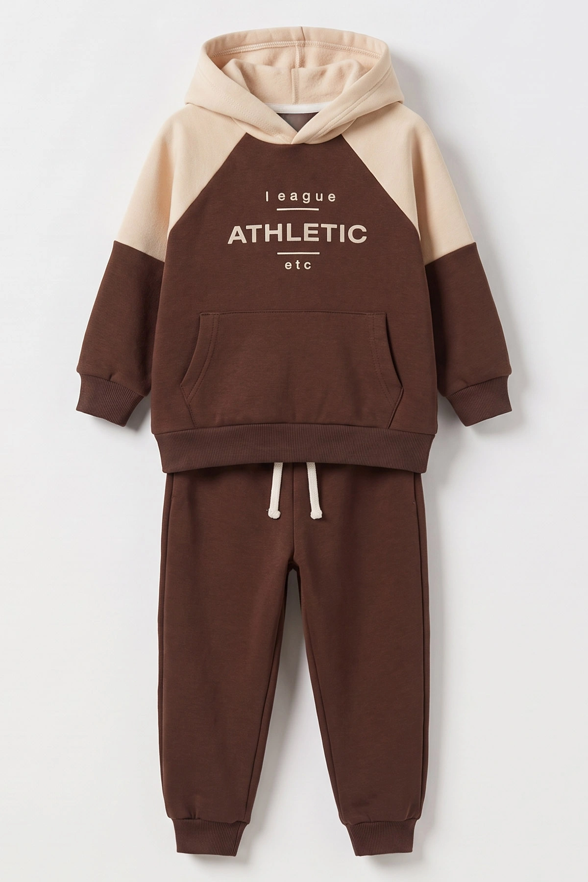 Kahverengi Ekru (2-6 Yaş) Athletic Baskılı Kapüşonlu 3 İp Şardonlu Erkek Çocuk Kışlık Takım 481865