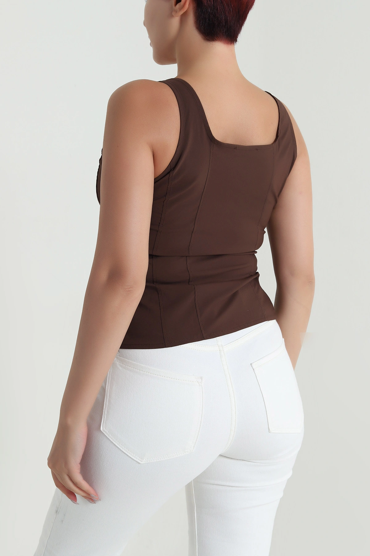 Kahverengi Fermuarlı Askılı Tencel Kadın Bluz 482542