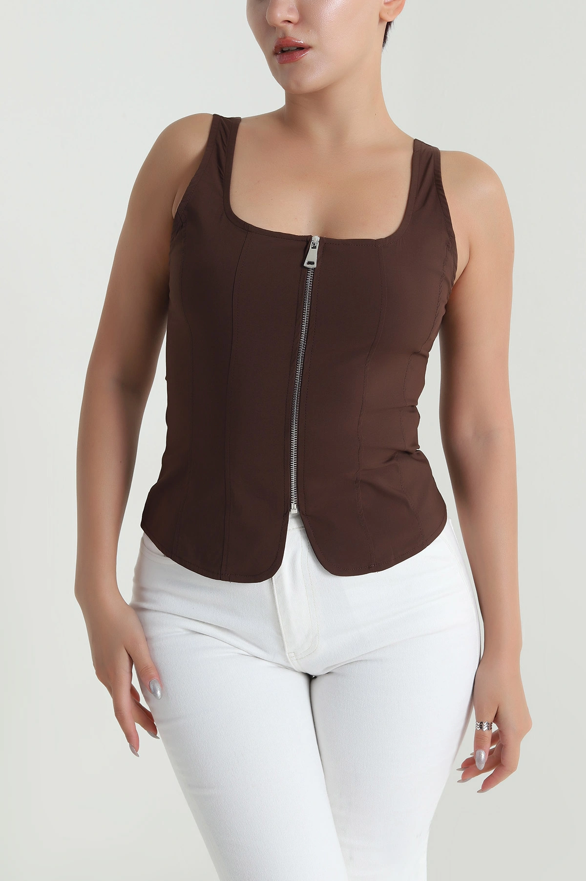 Kahverengi Fermuarlı Askılı Tencel Kadın Bluz 482542