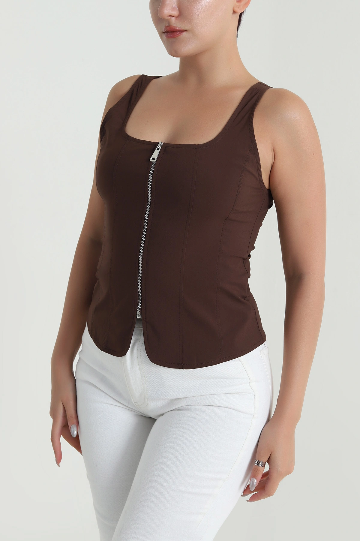 Kahverengi Fermuarlı Askılı Tencel Kadın Bluz 482542