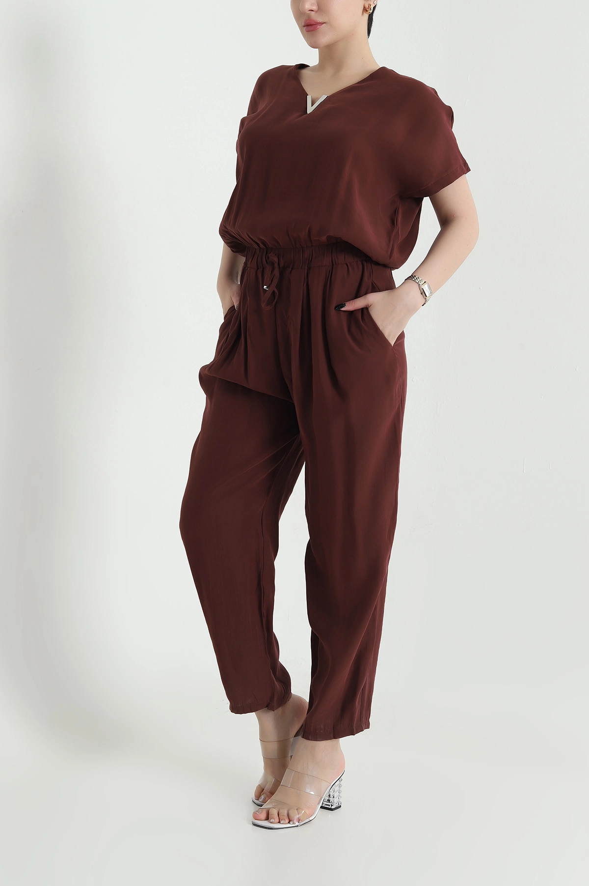 Kahverengi Fermuarlı Bel Lastikli Tencel Kadın Tulum 452633