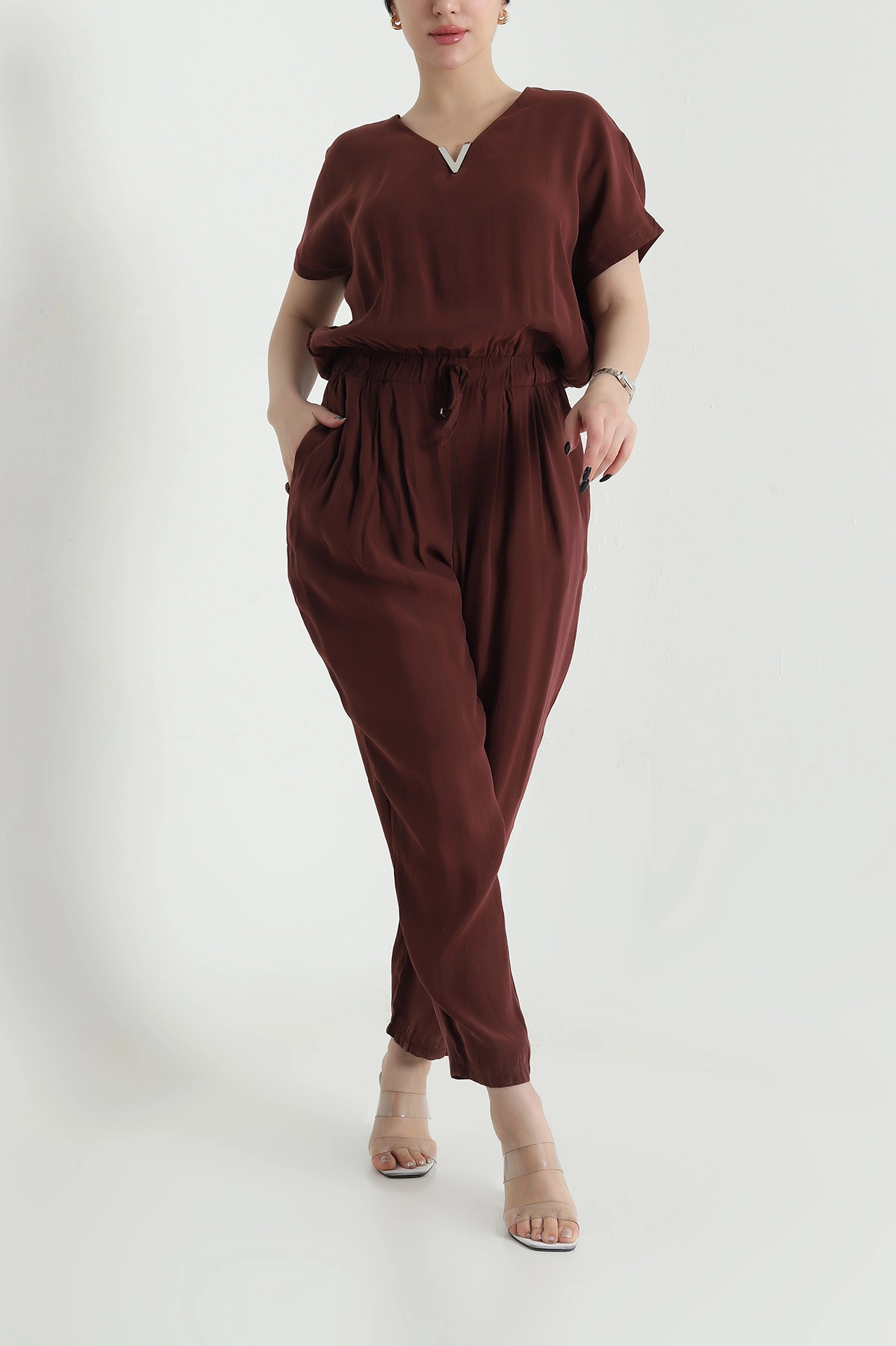Kahverengi Fermuarlı Bel Lastikli Tencel Kadın Tulum 452633