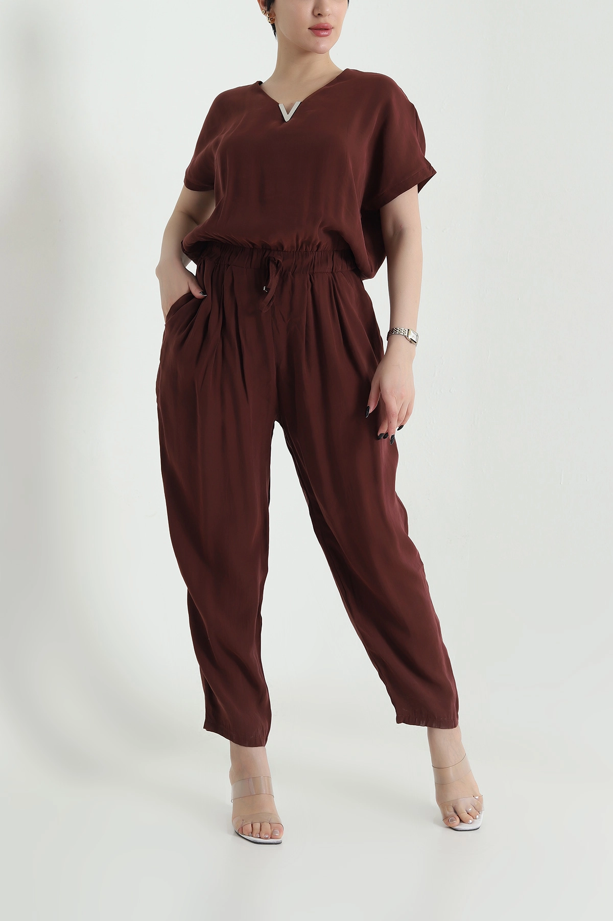 Kahverengi Fermuarlı Bel Lastikli Tencel Kadın Tulum 452633