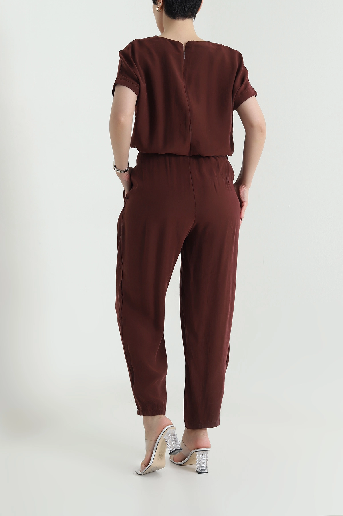 Kahverengi Fermuarlı Bel Lastikli Tencel Kadın Tulum 452633