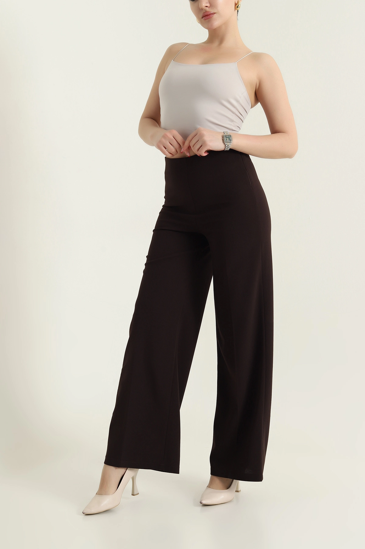 Kahverengi Fermuarlı Crep Kadın Pantolon 435684