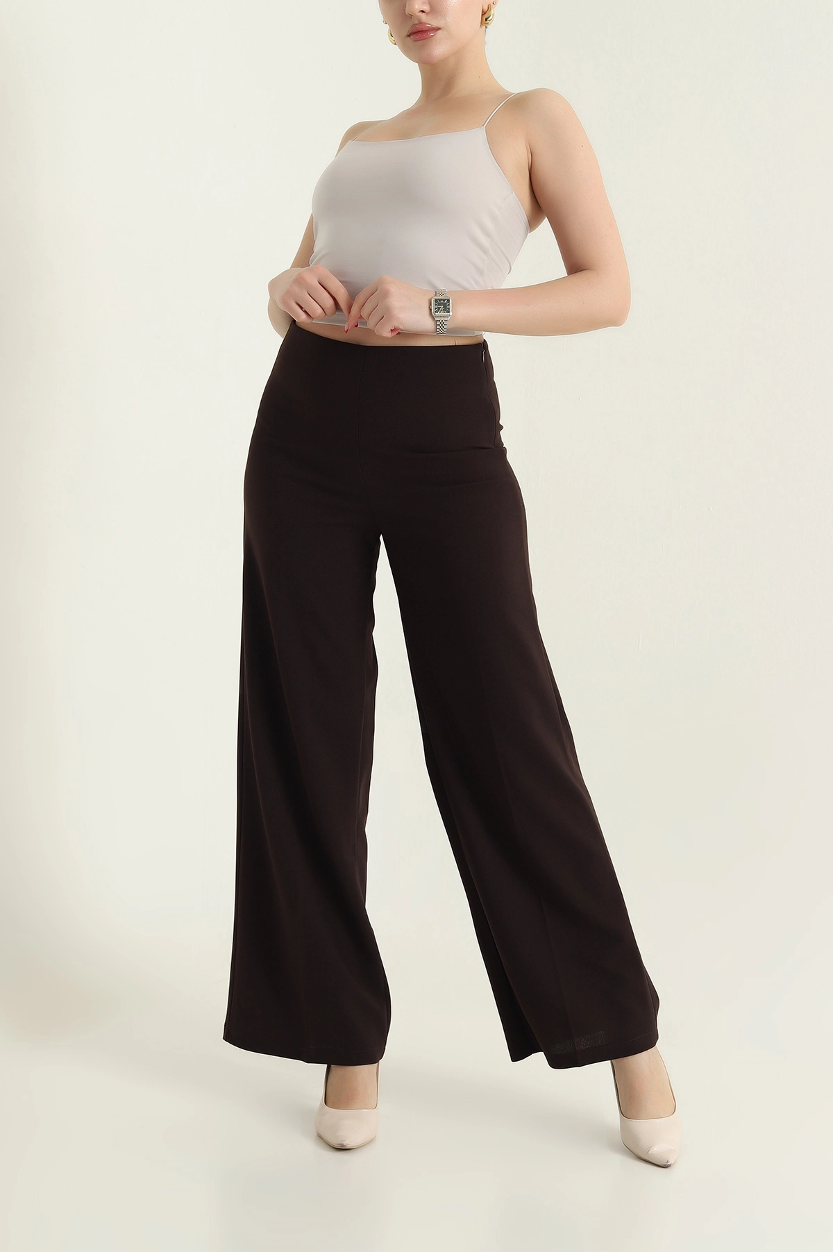 Kahverengi Fermuarlı Crep Kadın Pantolon 435684