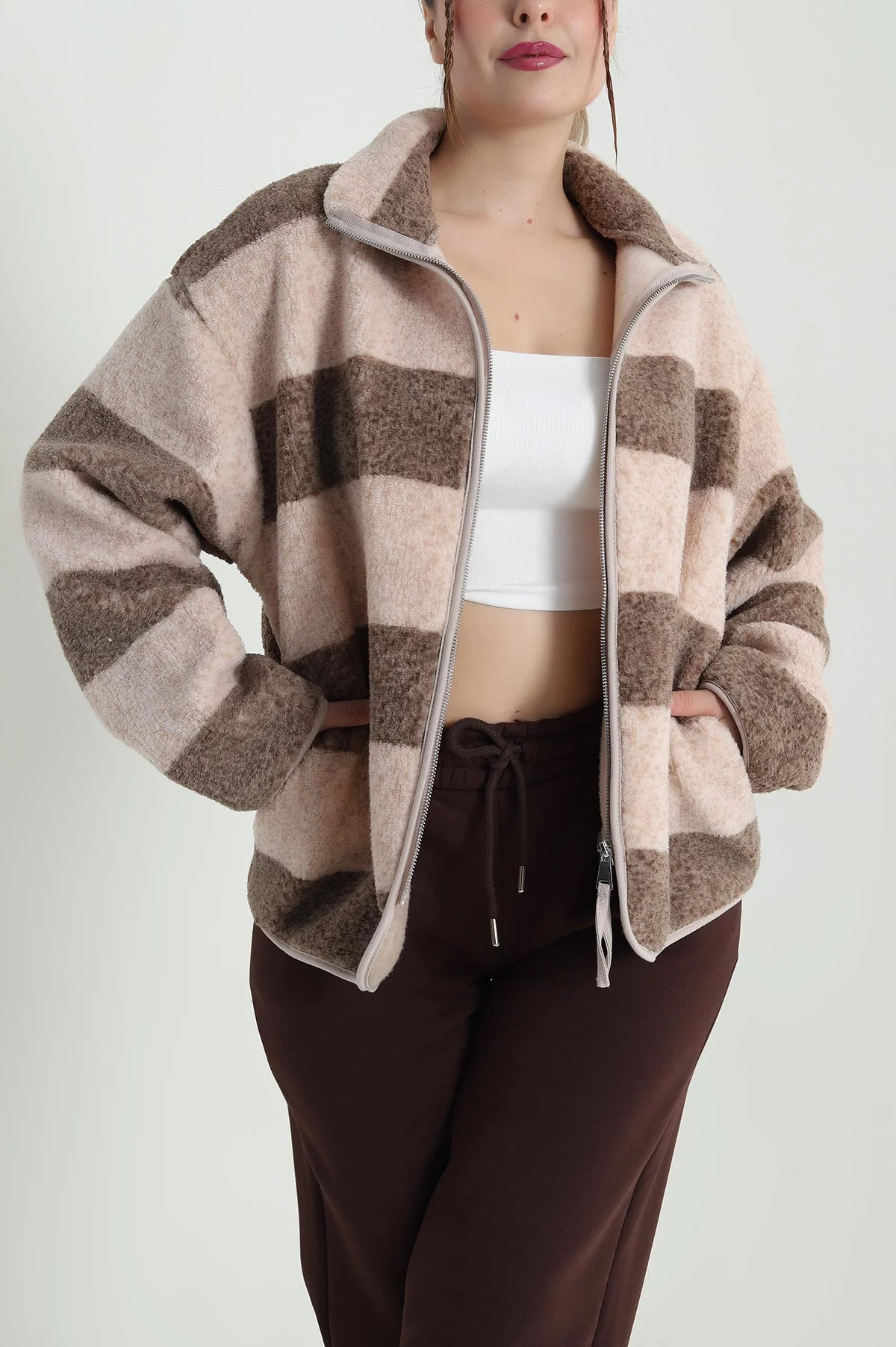 Kahverengi Fermuarlı Desenli Teddy Kadın Polar 482438