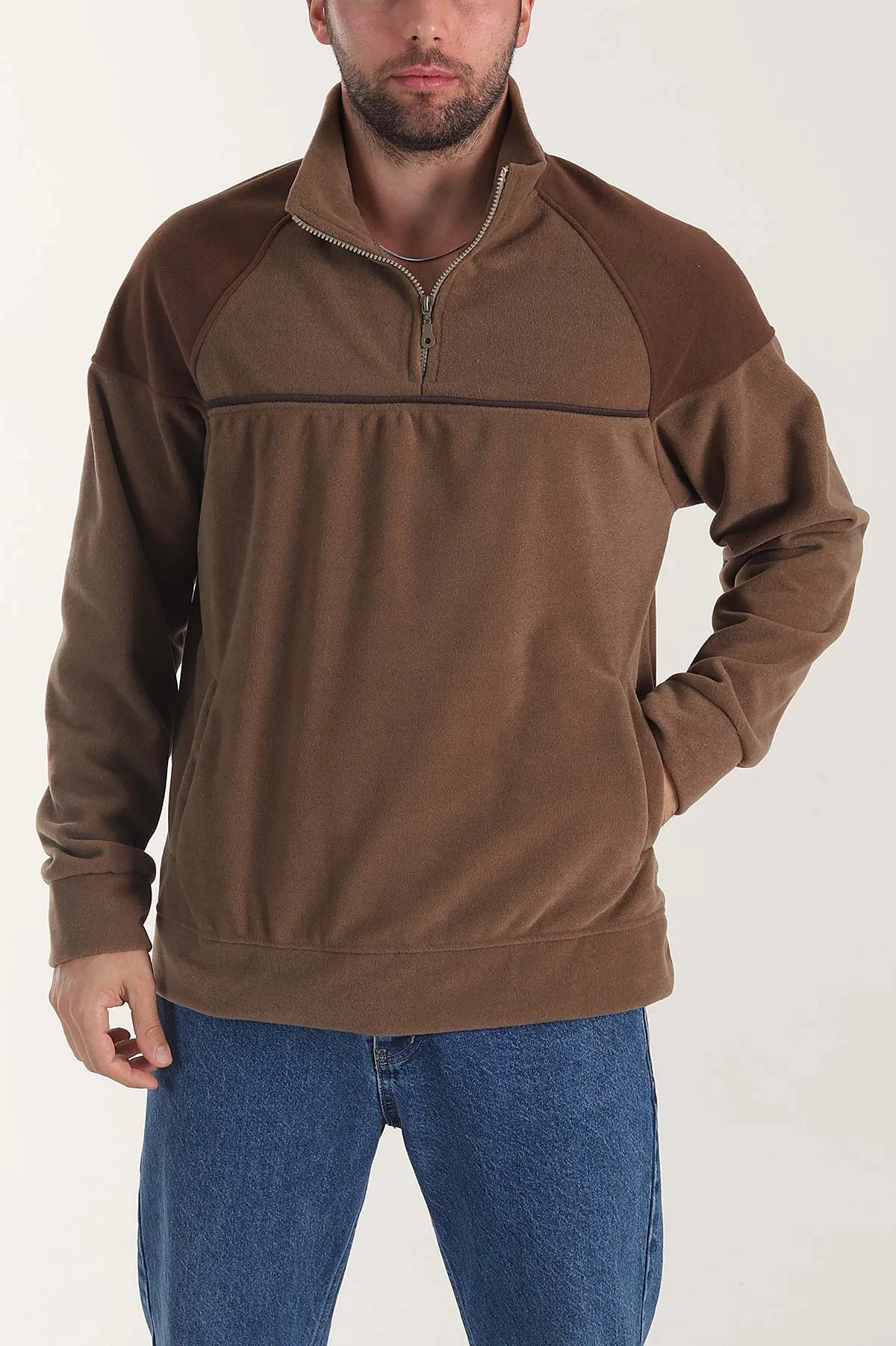 Kahverengi Fermuarlı Dik Yaka Polar Kumaş Erkek Sweatshirt 404307