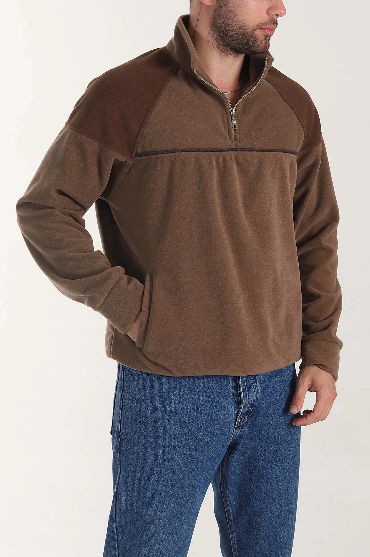 Kahverengi Fermuarlı Dik Yaka Polar Kumaş Erkek Sweatshirt 404307